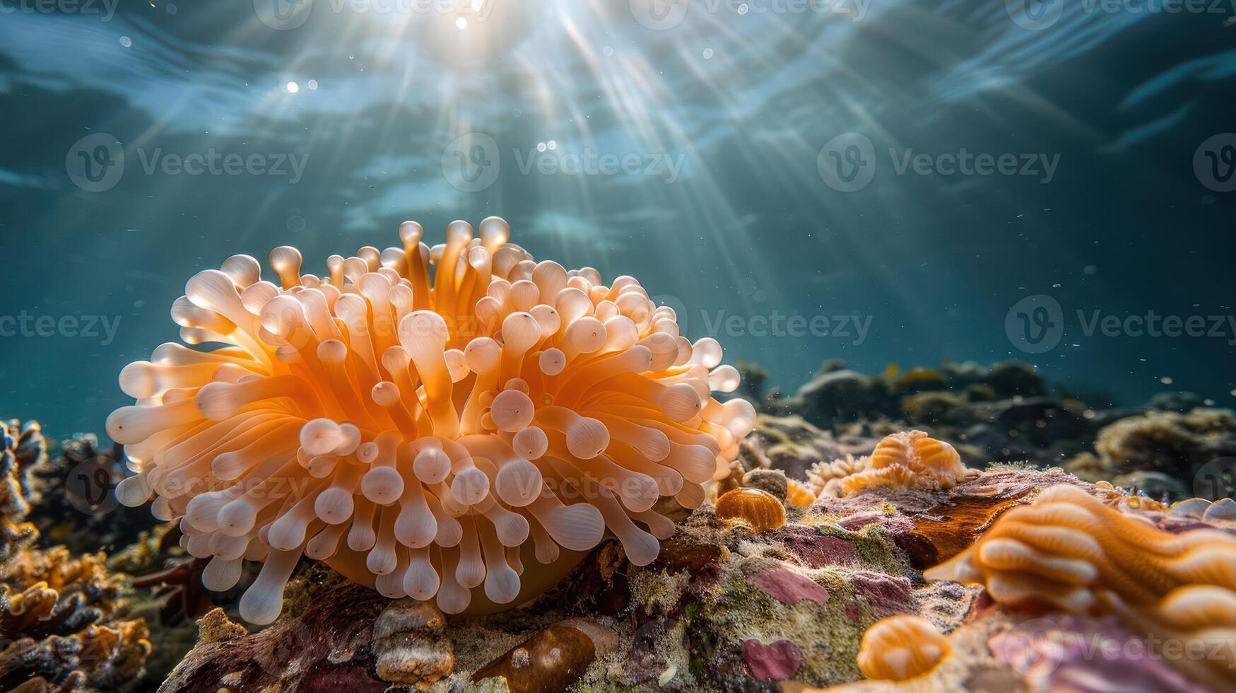 Vibrant underwater scene showcasing a colorful sea anemone illuminated by sunlight photo