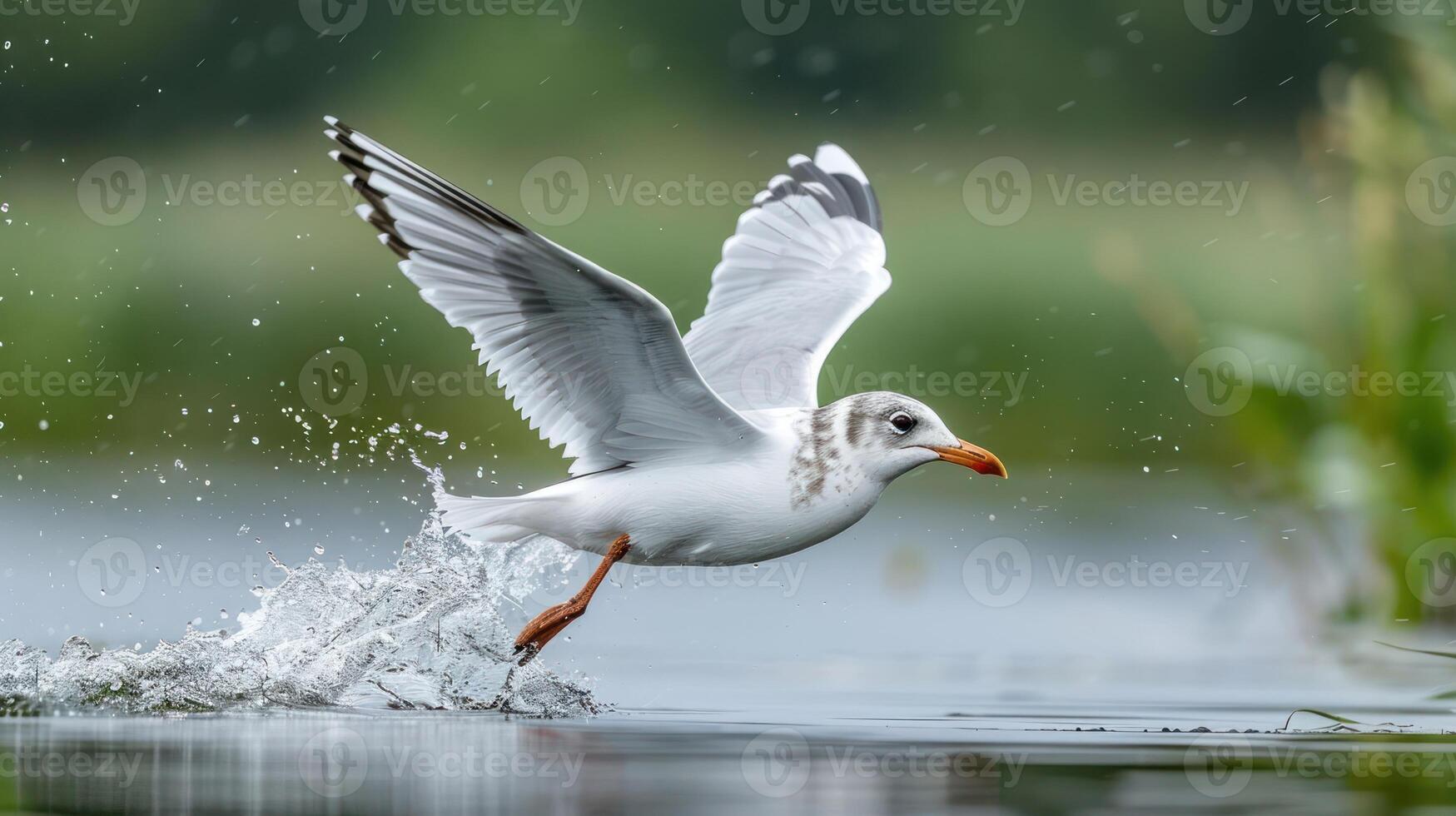 A graceful seagull skimming the water's surface, creating splashes while flying near lush greenery photo