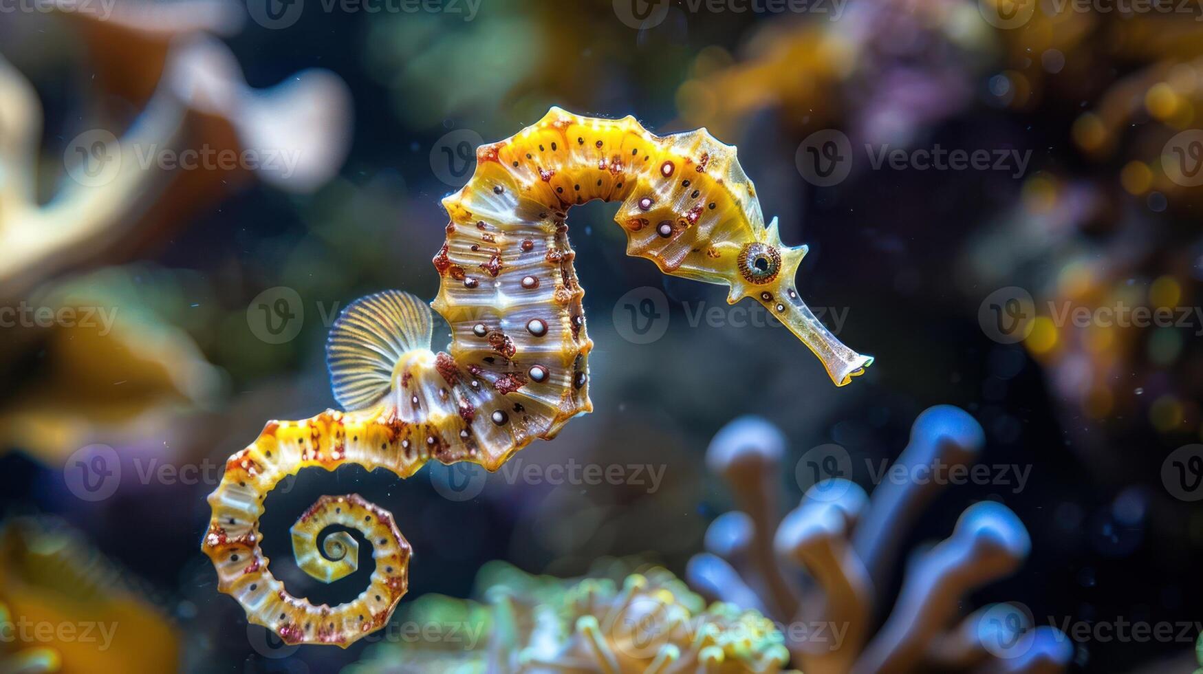 Colorful seahorse swimming gracefully among vibrant coral reef in a serene underwater scene photo