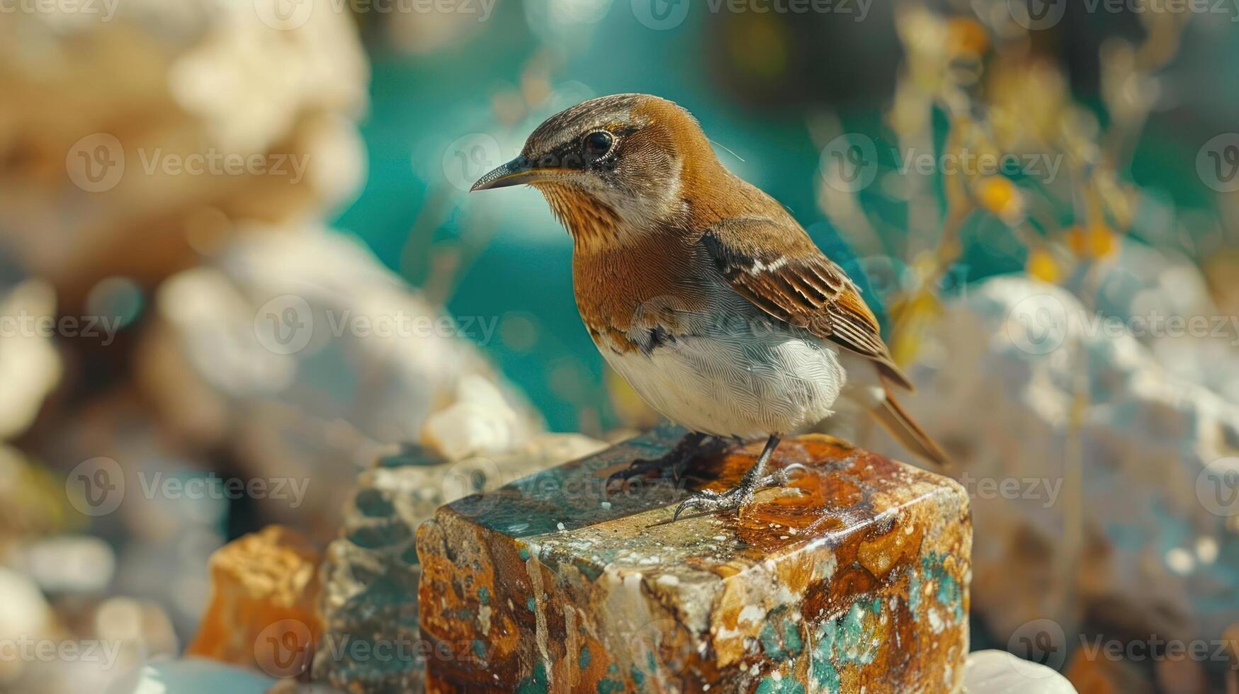 A small brown bird perched on a colorful rock near a shimmering body of water, surrounded by nature photo