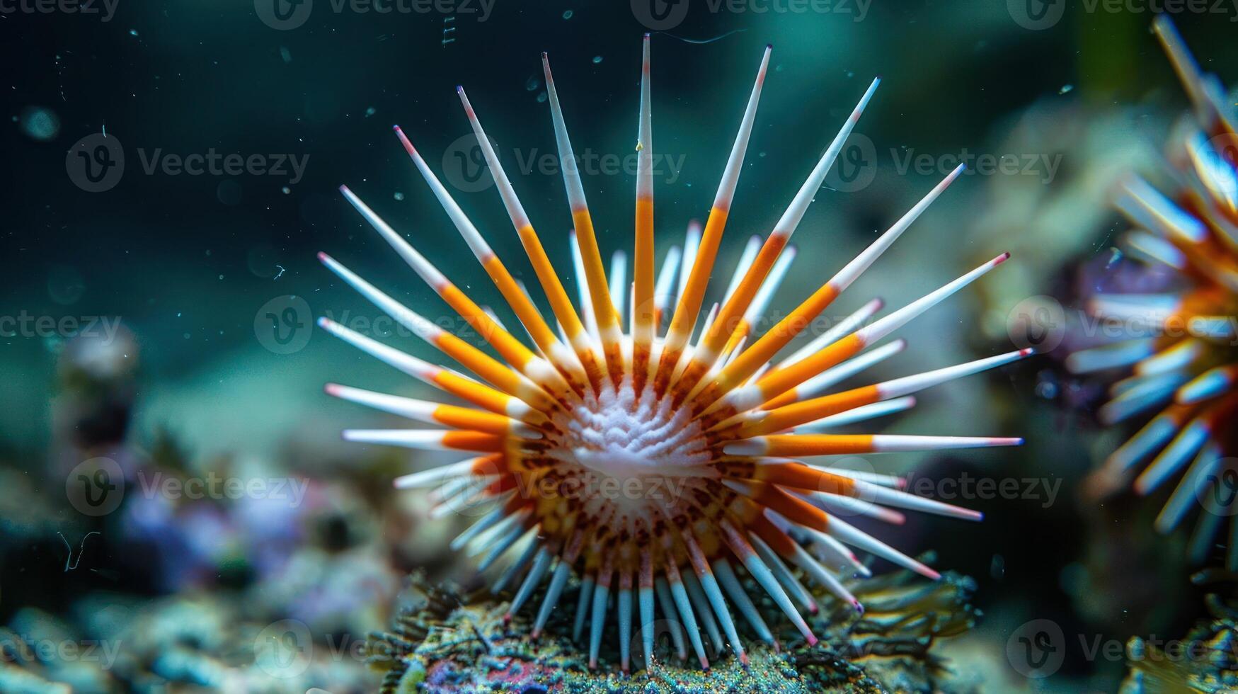 Colorful sea urchin with vibrant spines resting on a coral reef in a serene underwater scene photo