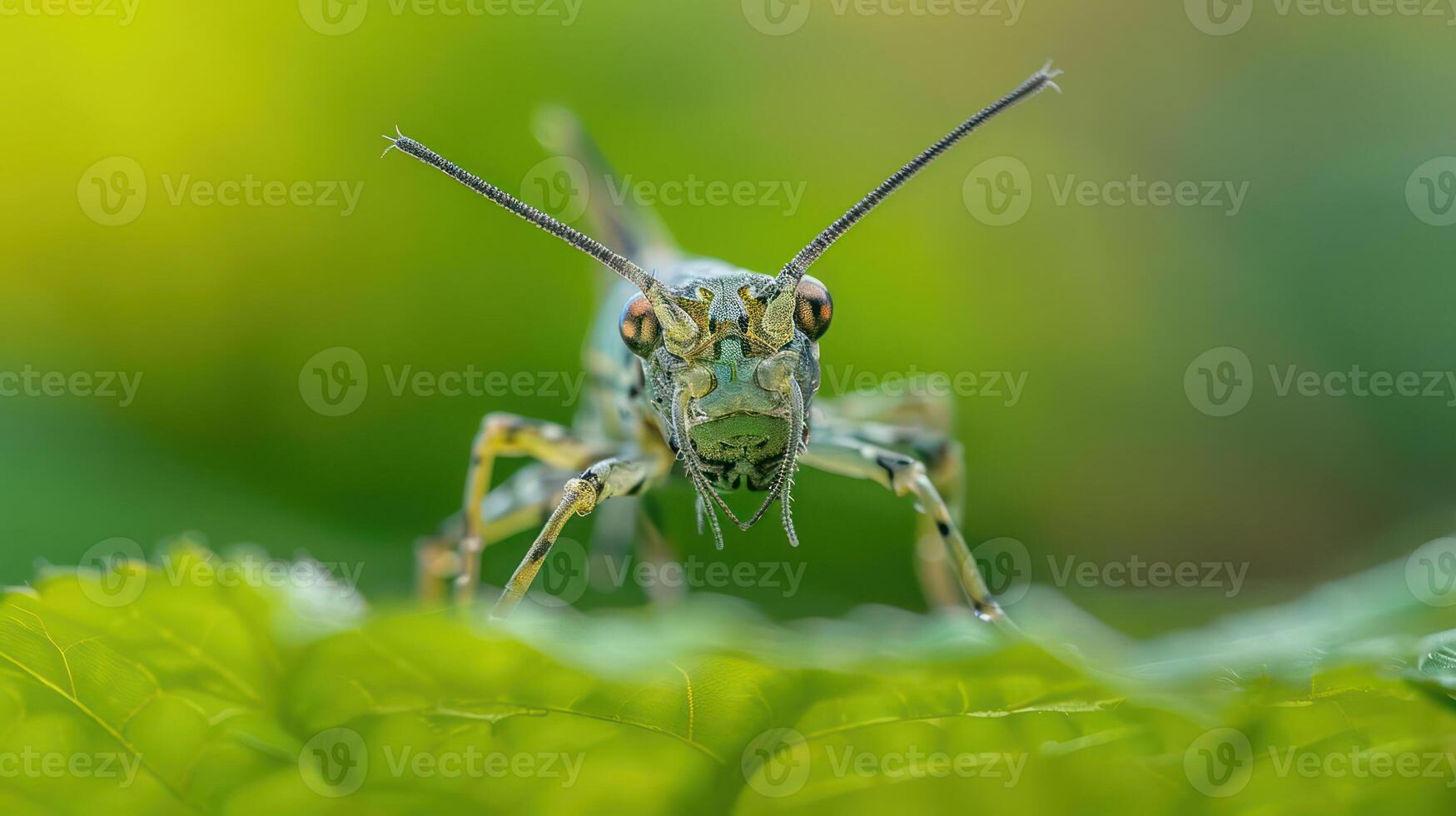 Close-up of a vibrant grasshopper perched on a green leaf against a blurred natural background photo