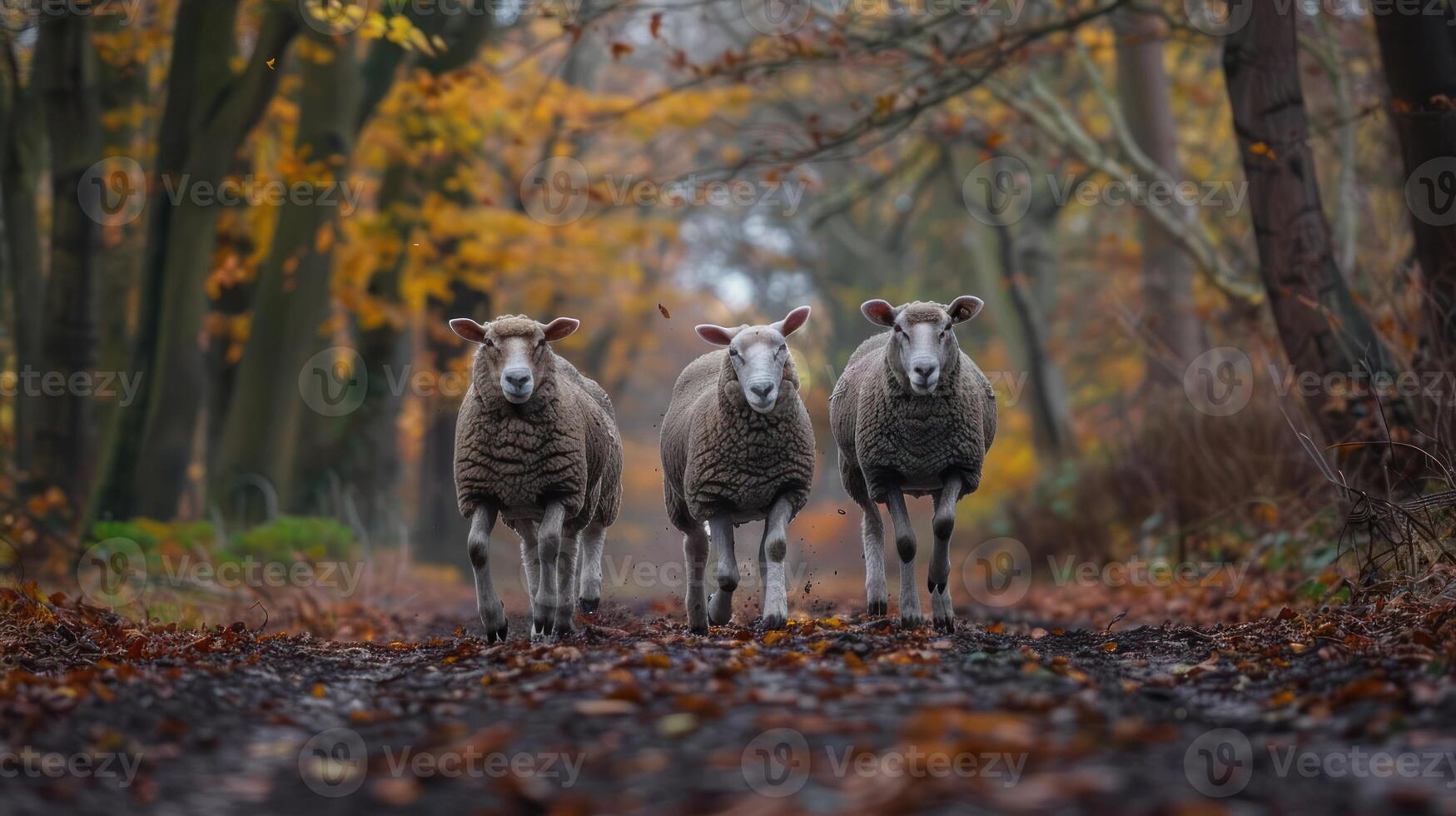 Three sheep walking down a leaf-covered path in a serene autumn forest setting photo