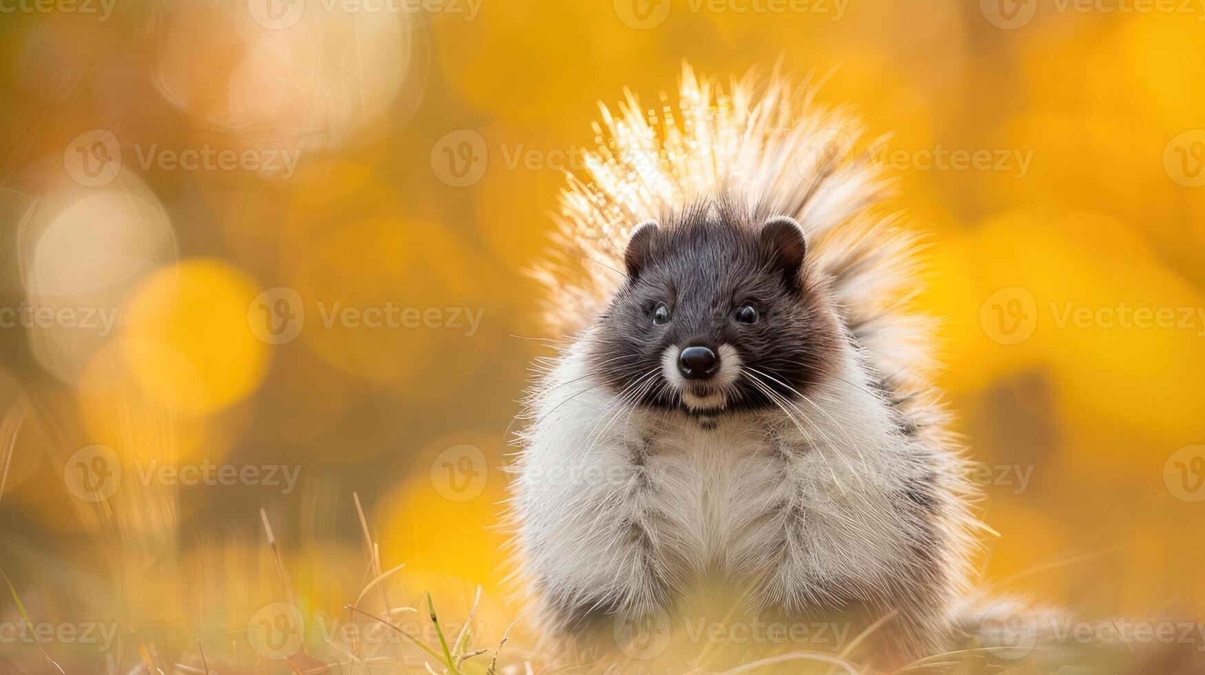 Adorable porcupine with fluffy quills sits on grass against a vibrant autumn backdrop photo