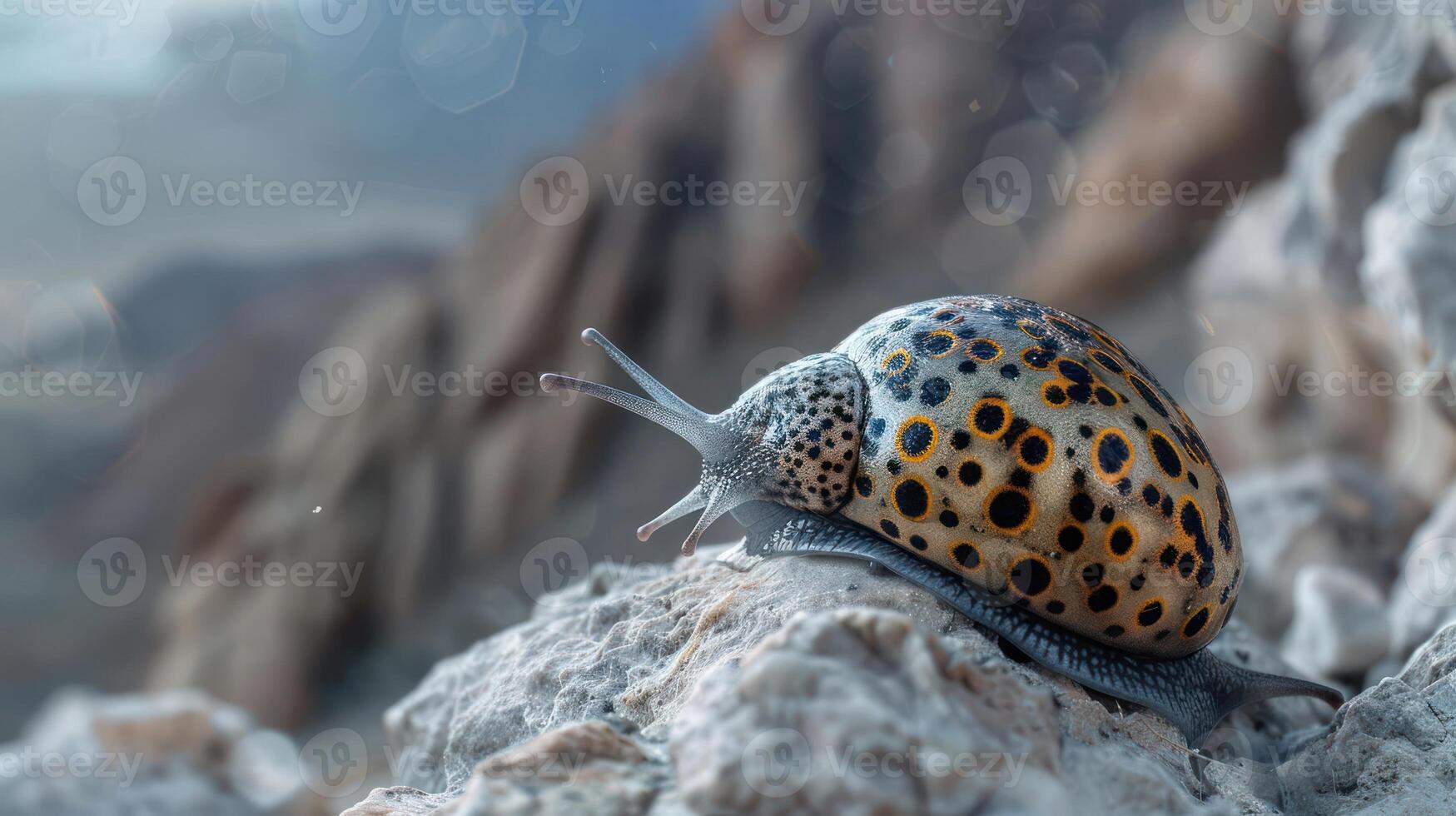 Colorful snail resting on rocky surface with blurred mountainous landscape in background photo