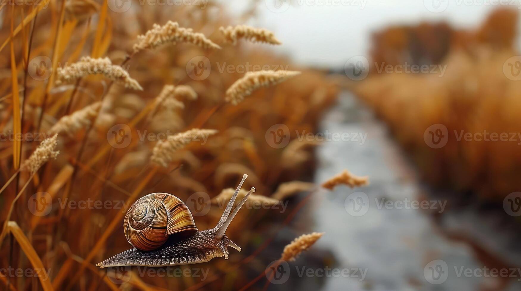 A close-up of a snail on a blade of grass by a serene river in an autumn landscape photo