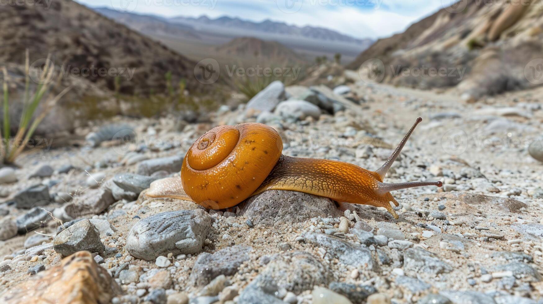 A close-up of a vibrant orange snail crawling over rocky terrain in a desert landscape photo