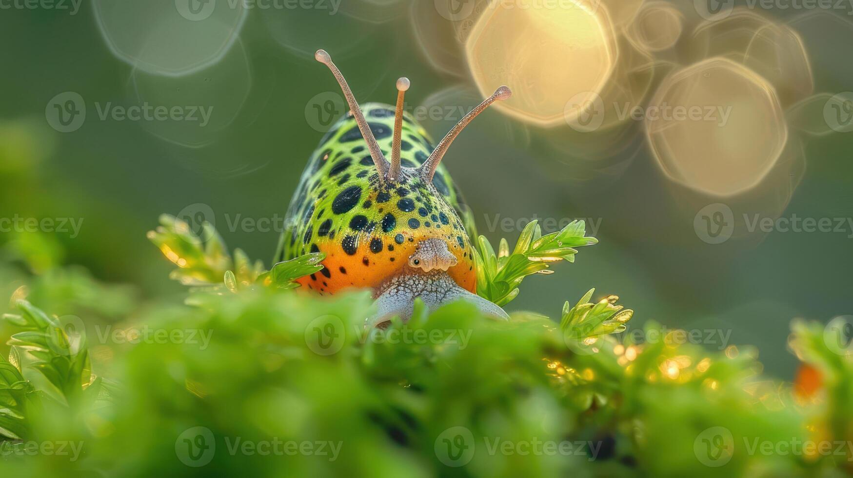 Colorful snail climbing over vibrant green moss with soft bokeh background in nature photo