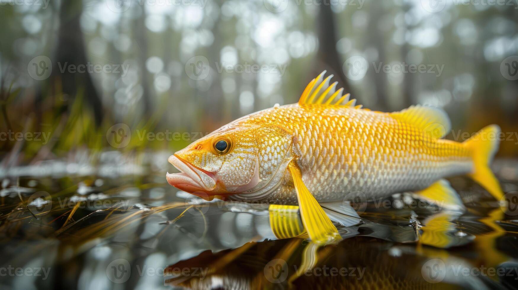 Close-up of a vibrant yellow fish resting in shallow water among green foliage in a misty environment photo