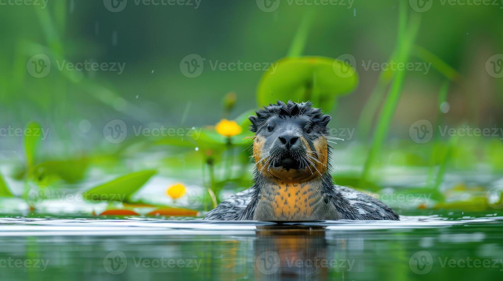 Playful otter emerging from water surrounded by lily pads and flowers in a serene natural setting photo