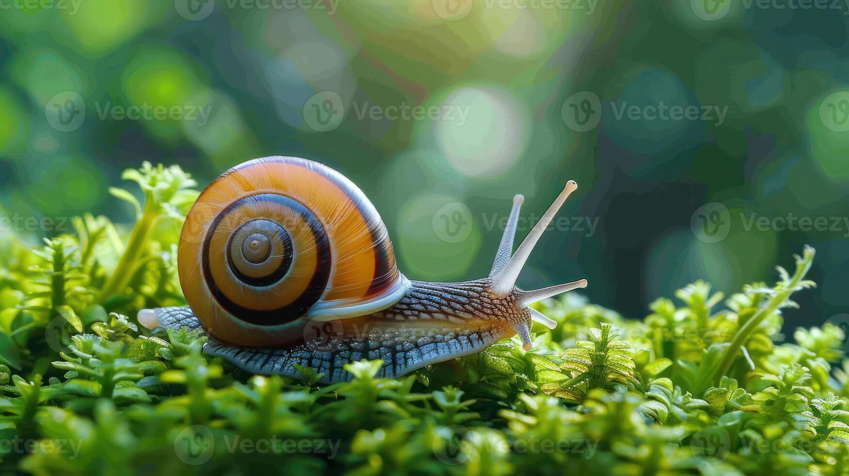 Close-up of a colorful snail crawling on lush green moss with a blurred natural background photo