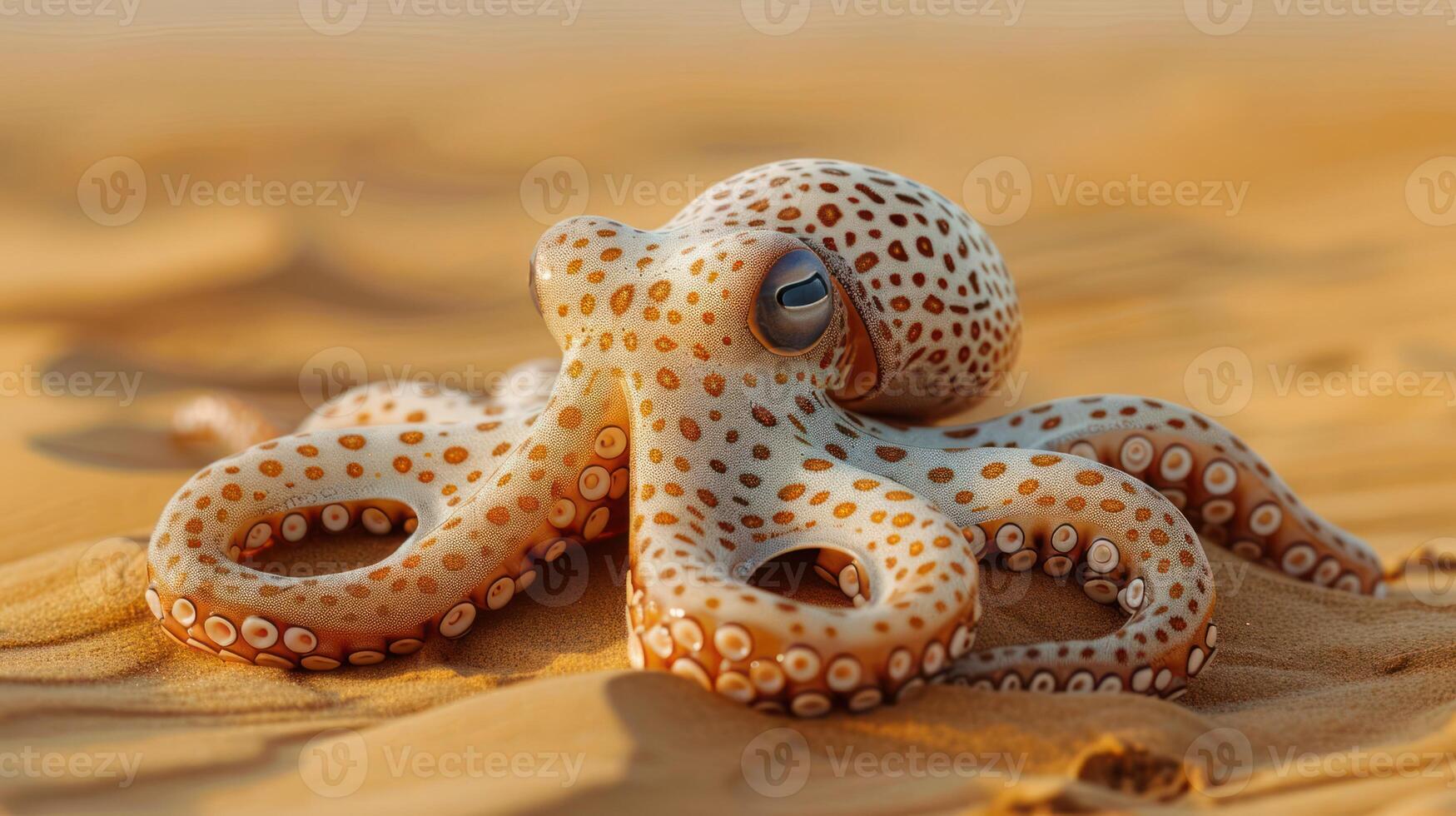 A vibrant octopus resting on golden sand dunes under a clear blue sky, showcasing its unique patterns photo
