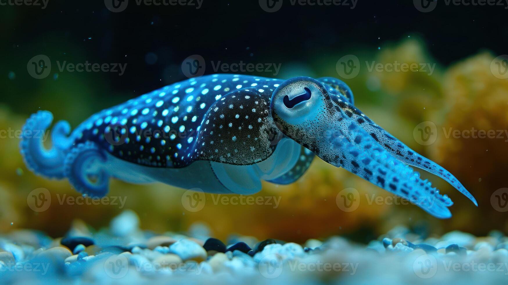 A vibrant squid swimming gracefully in an aquarium with colorful underwater scenery photo