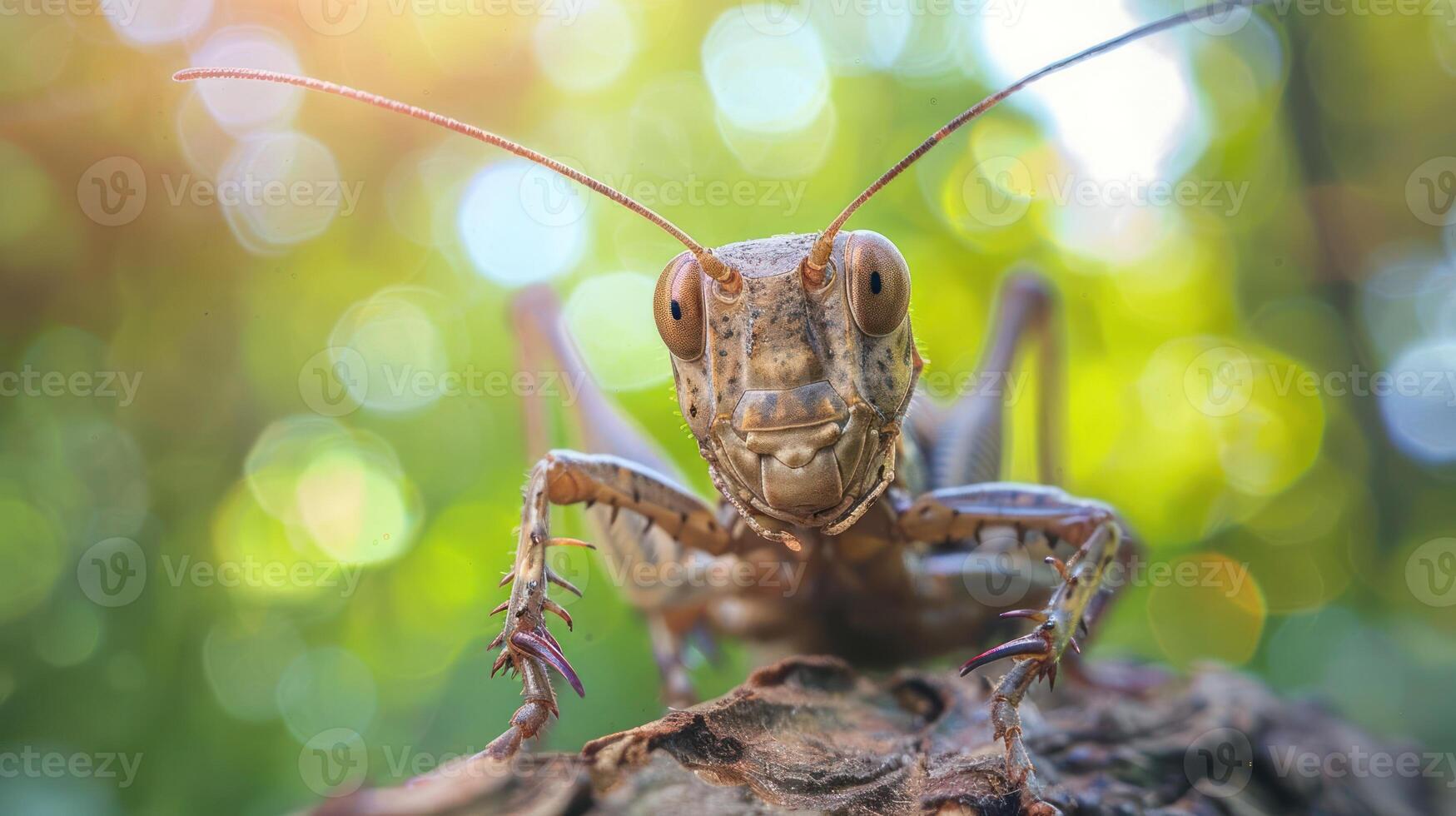 Close-up of a grasshopper perched on a log, surrounded by blurred green foliage, showcasing nature's details photo