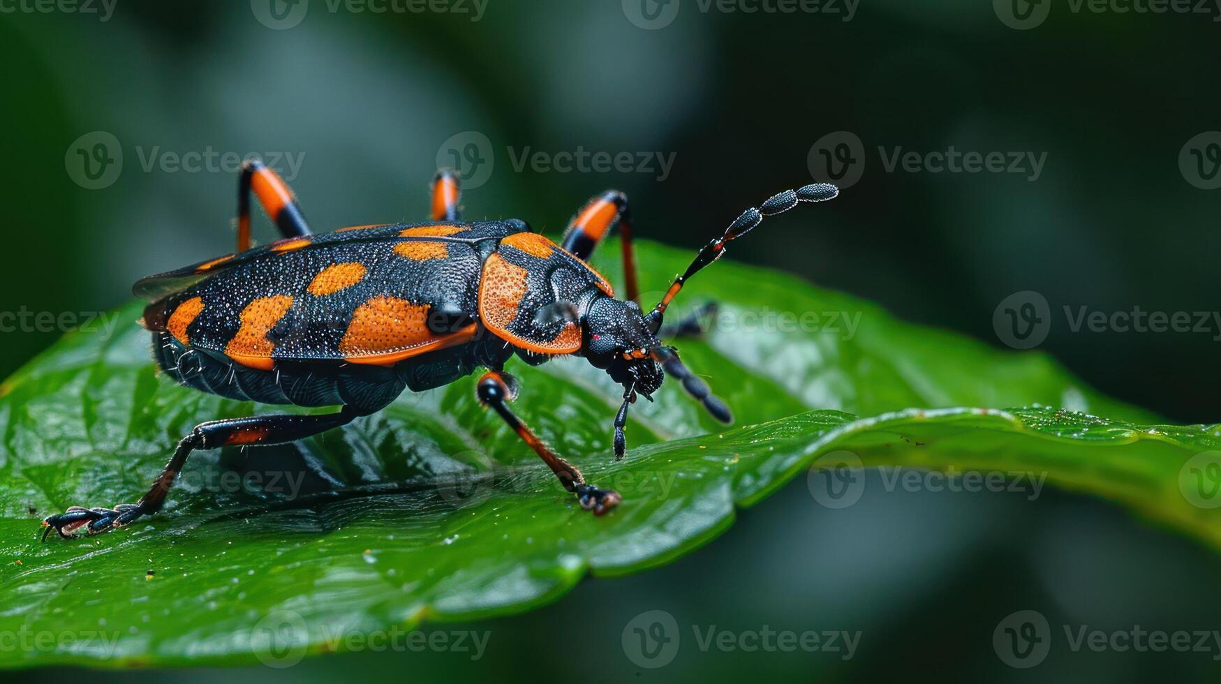 Close-up of a vibrant orange and black beetle perched on a lush green leaf in a natural setting photo