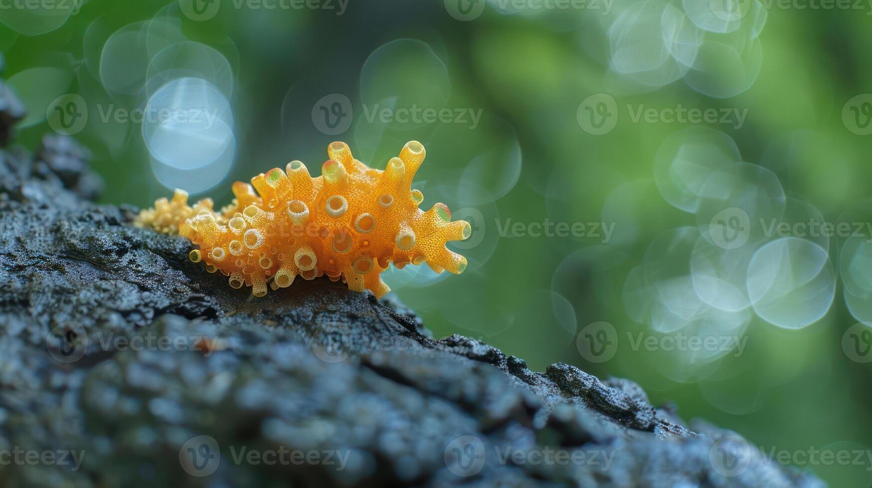 Vibrant orange fungus growing on a tree trunk in a lush green forest with soft bokeh background photo