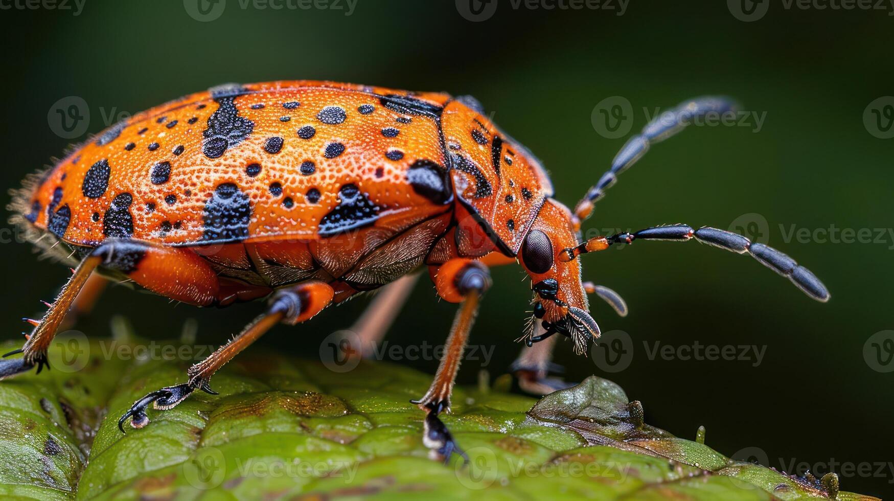 Close-up of a vibrant orange beetle with black spots on a green leaf in a lush environment photo