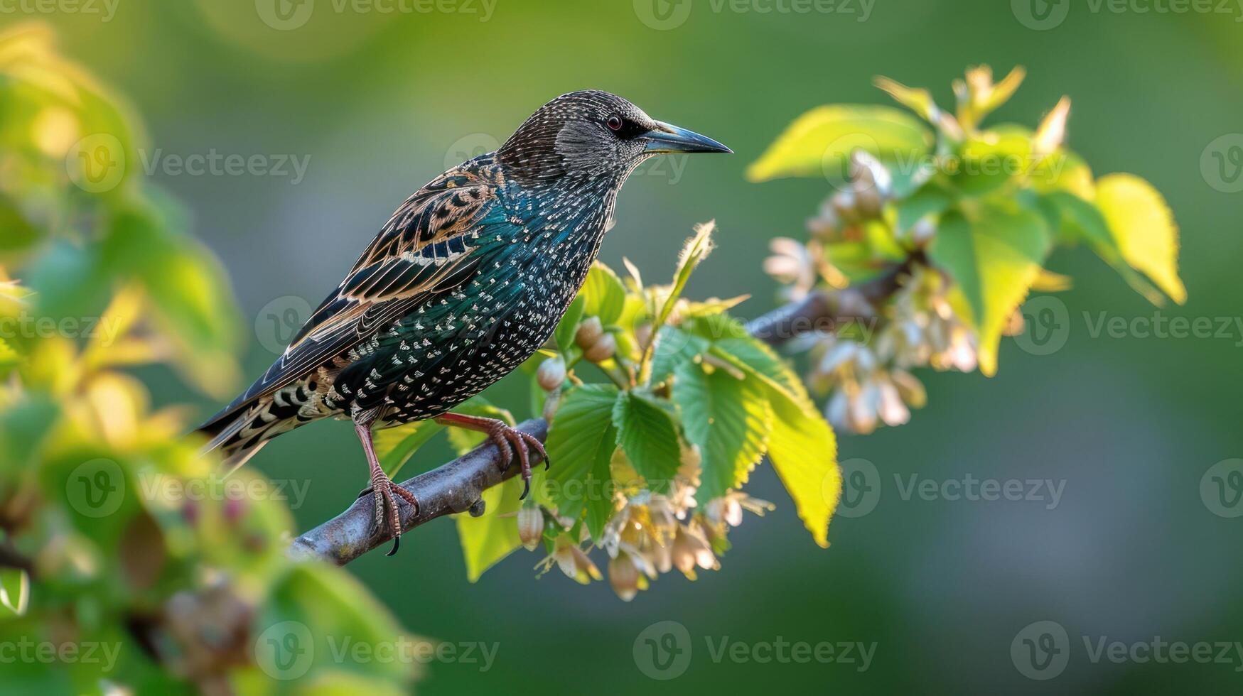 Colorful bird perched on a flowering branch in a vibrant green setting during springtime photo