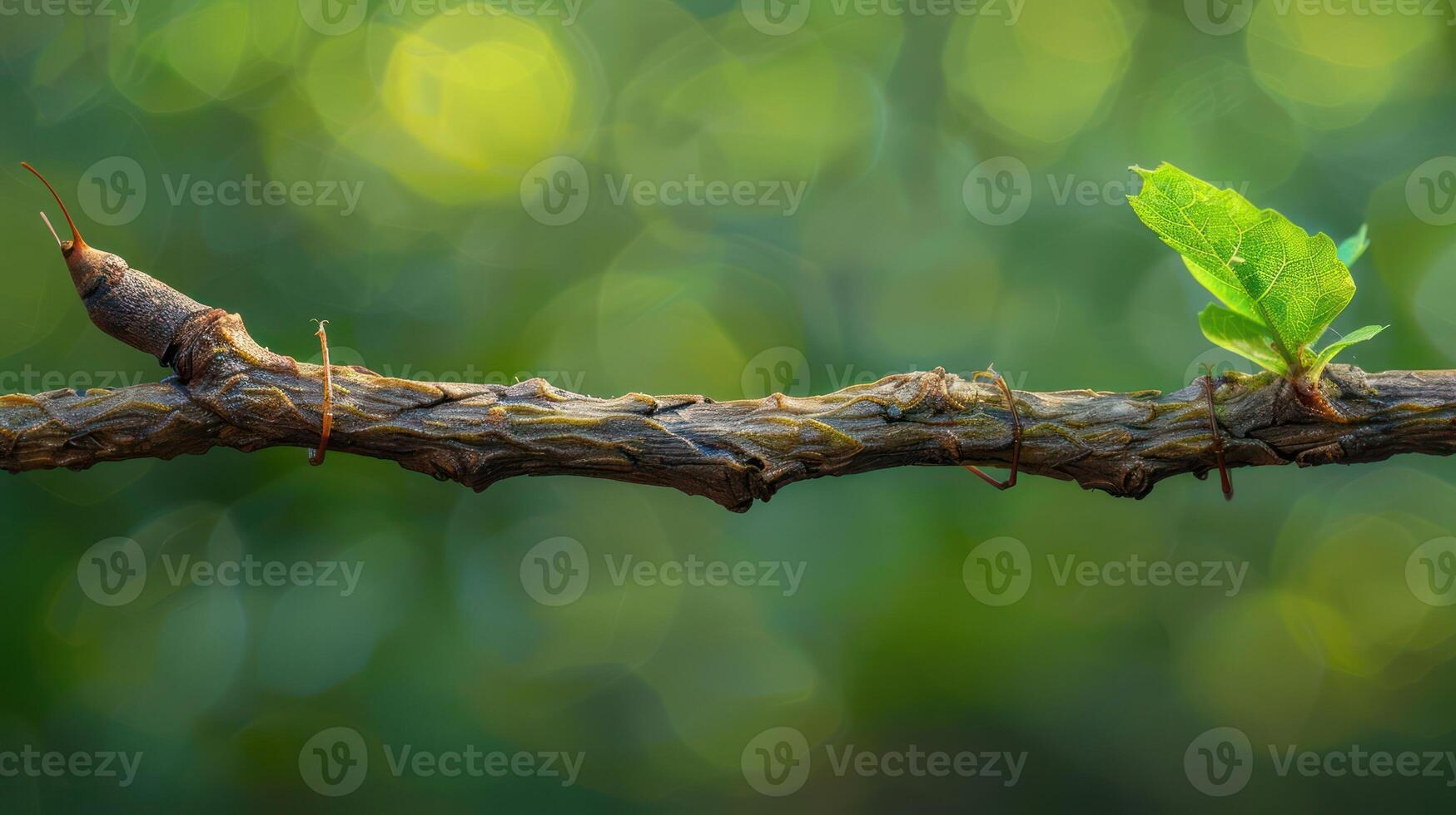 Close-up of a vine branch with a new green leaf against a blurred natural background photo