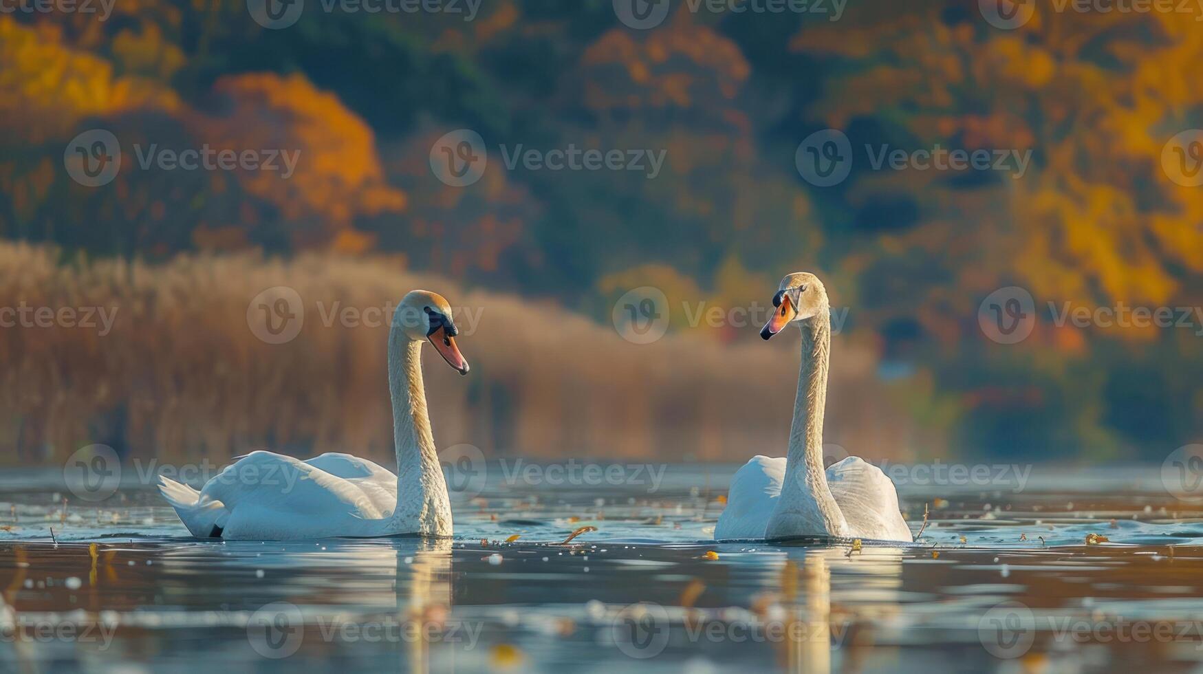 Two graceful swans swimming in a serene lake surrounded by vibrant autumn foliage photo
