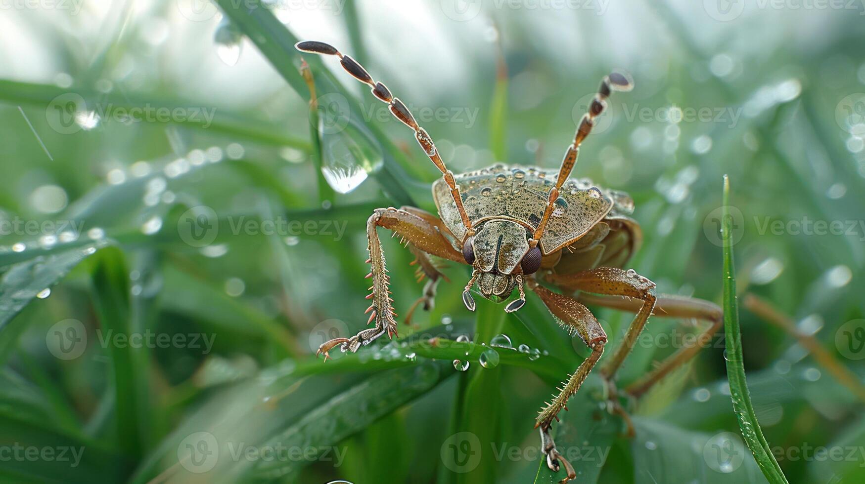 Close-up of a dew-covered insect perched on grass blades in a serene morning environment photo