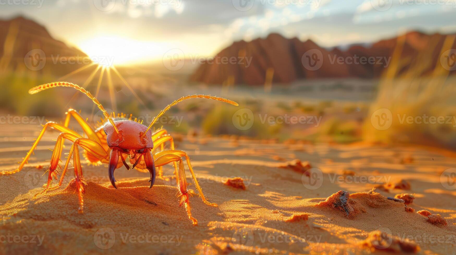 Vibrant orange insect in the desert at sunset, with mountains and golden light in the background photo