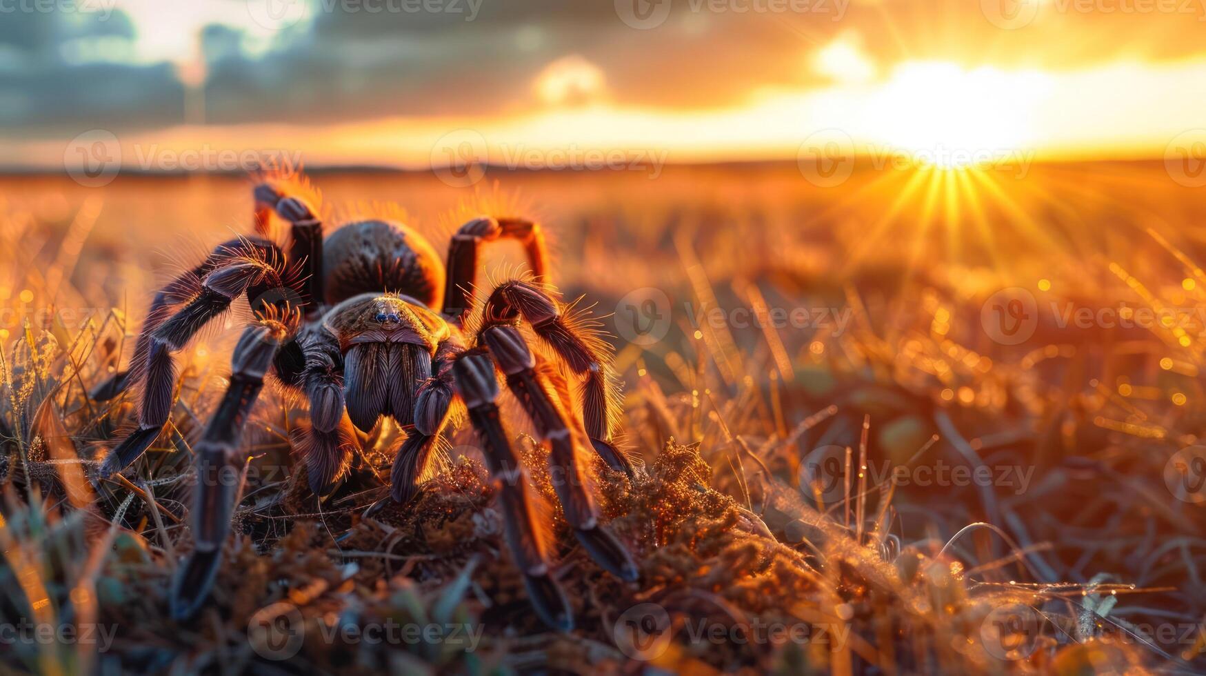 A close-up of a spider on the ground during sunset, surrounded by golden grass and dramatic clouds photo