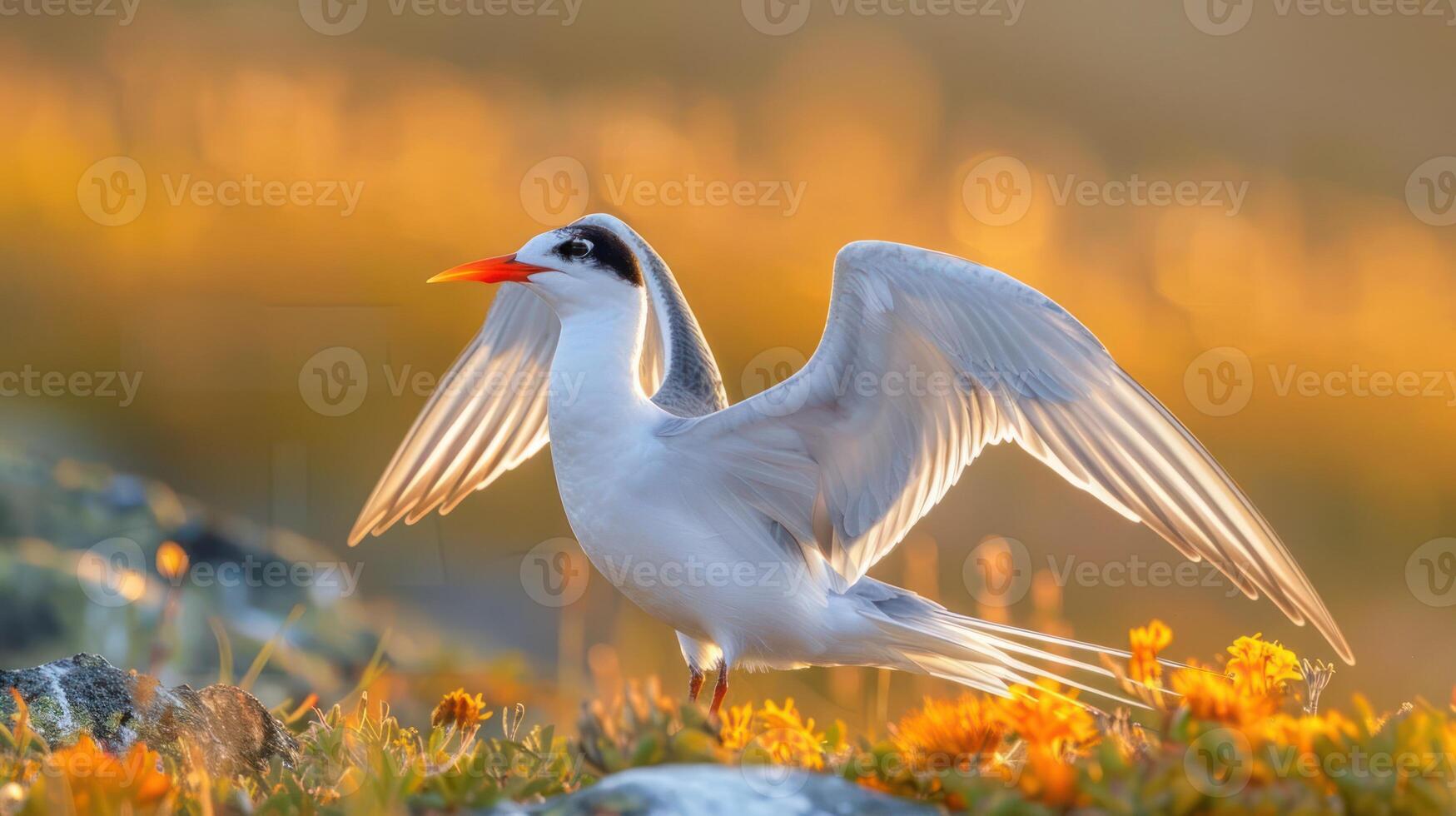 Elegant bird with outstretched wings amidst vibrant wildflowers at sunset in a serene landscape photo
