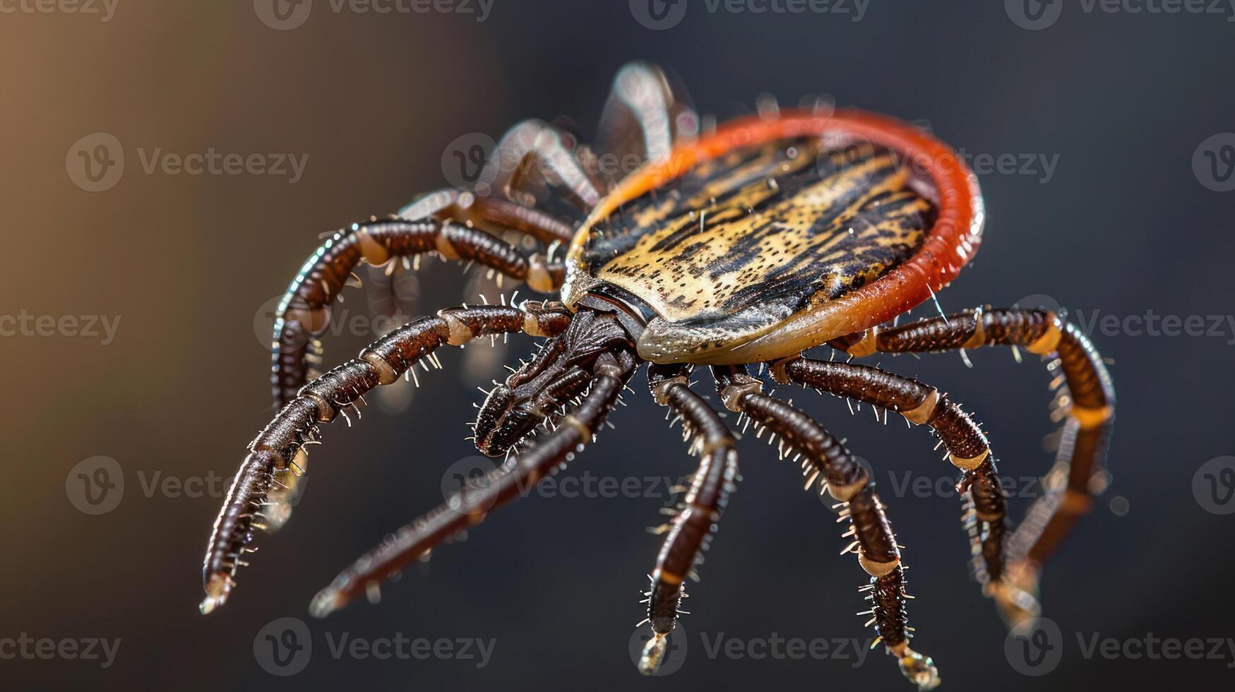 Close-up of a tick on a blurred background, showcasing its detailed anatomy and texture photo