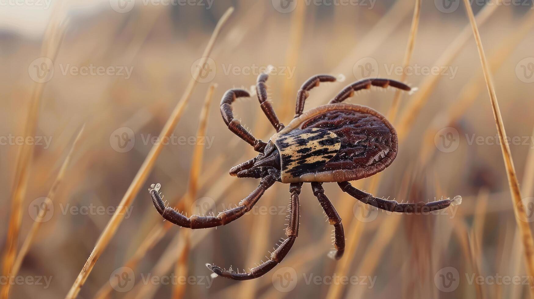 Close-up of a tick perched on dry grass in a natural setting during early morning light photo