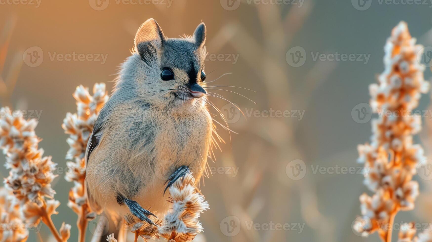 A close-up of a small rodent perched on flowers during a soft sunset, showcasing nature's beauty photo