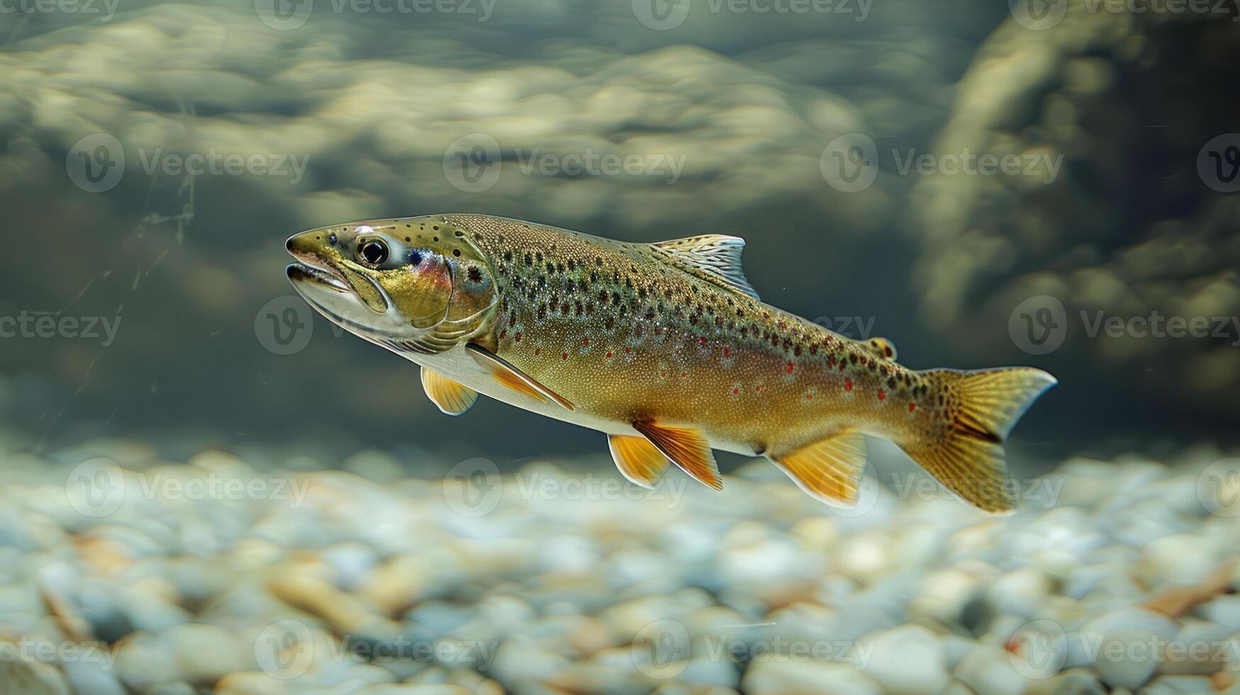 Underwater view of a trout swimming gracefully among pebbles in a serene aquatic environment photo