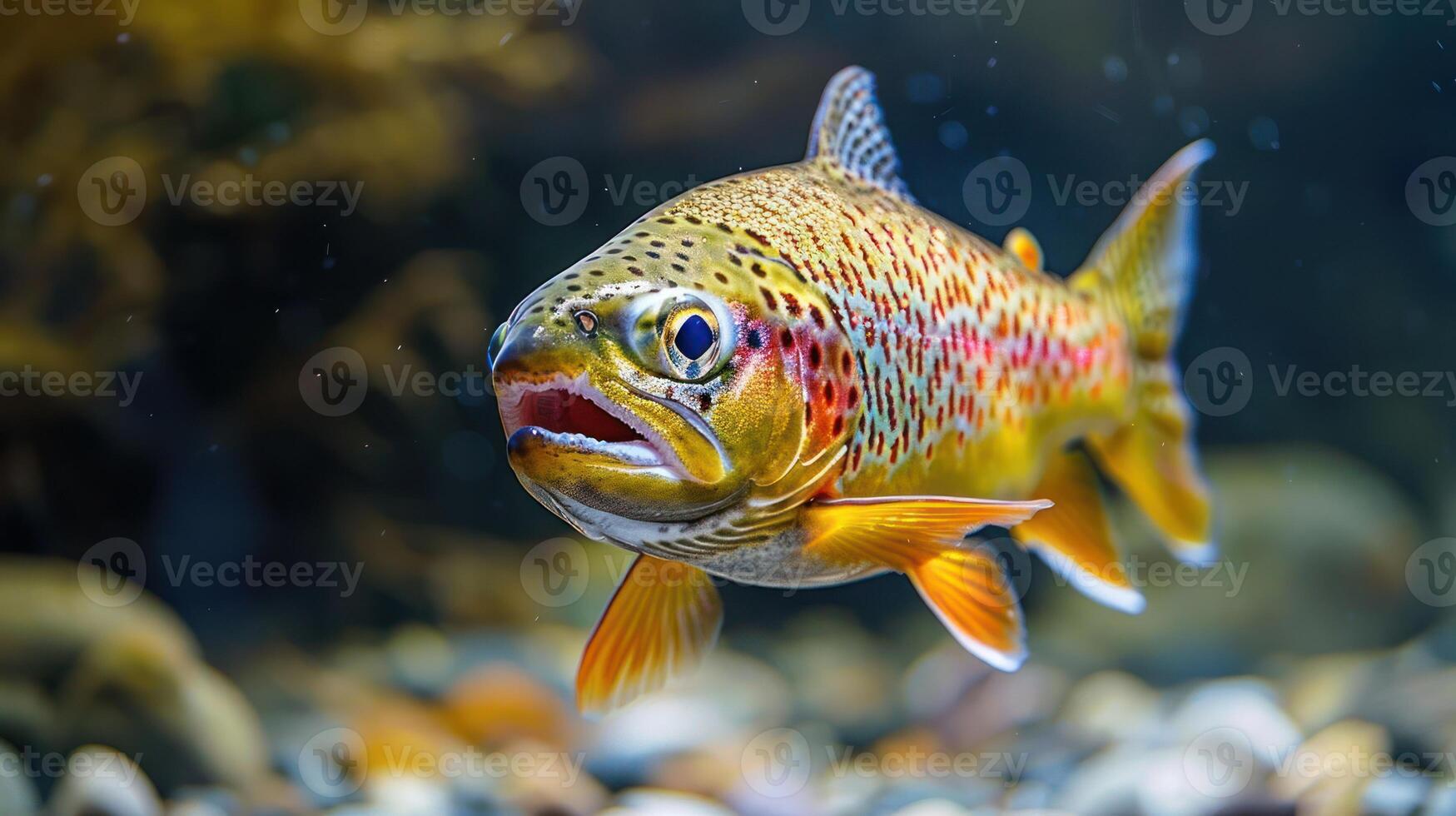 Colorful trout swimming gracefully among pebbles in a clear freshwater stream photo