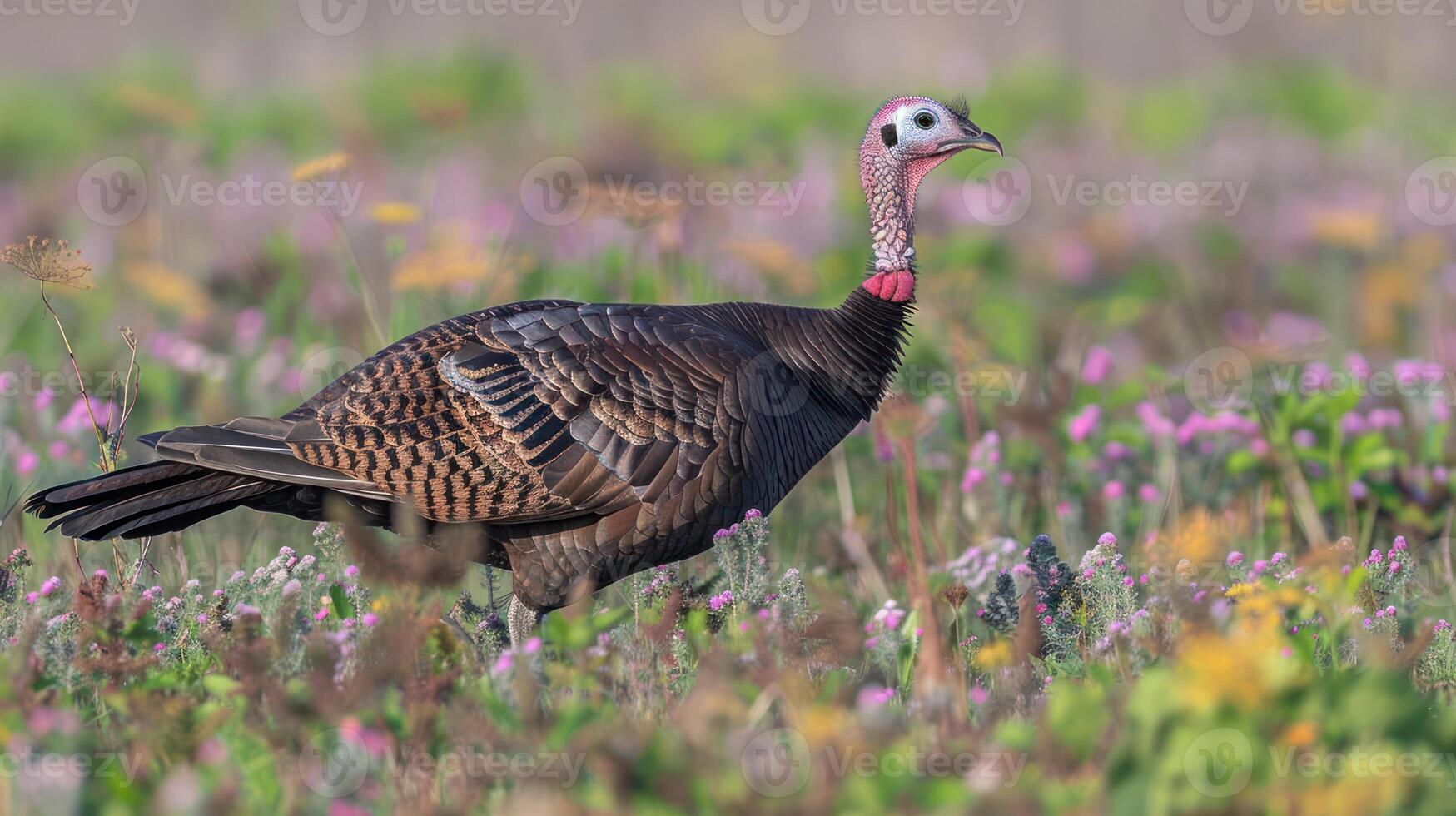 Wild turkey walking through a vibrant meadow filled with colorful wildflowers in spring photo