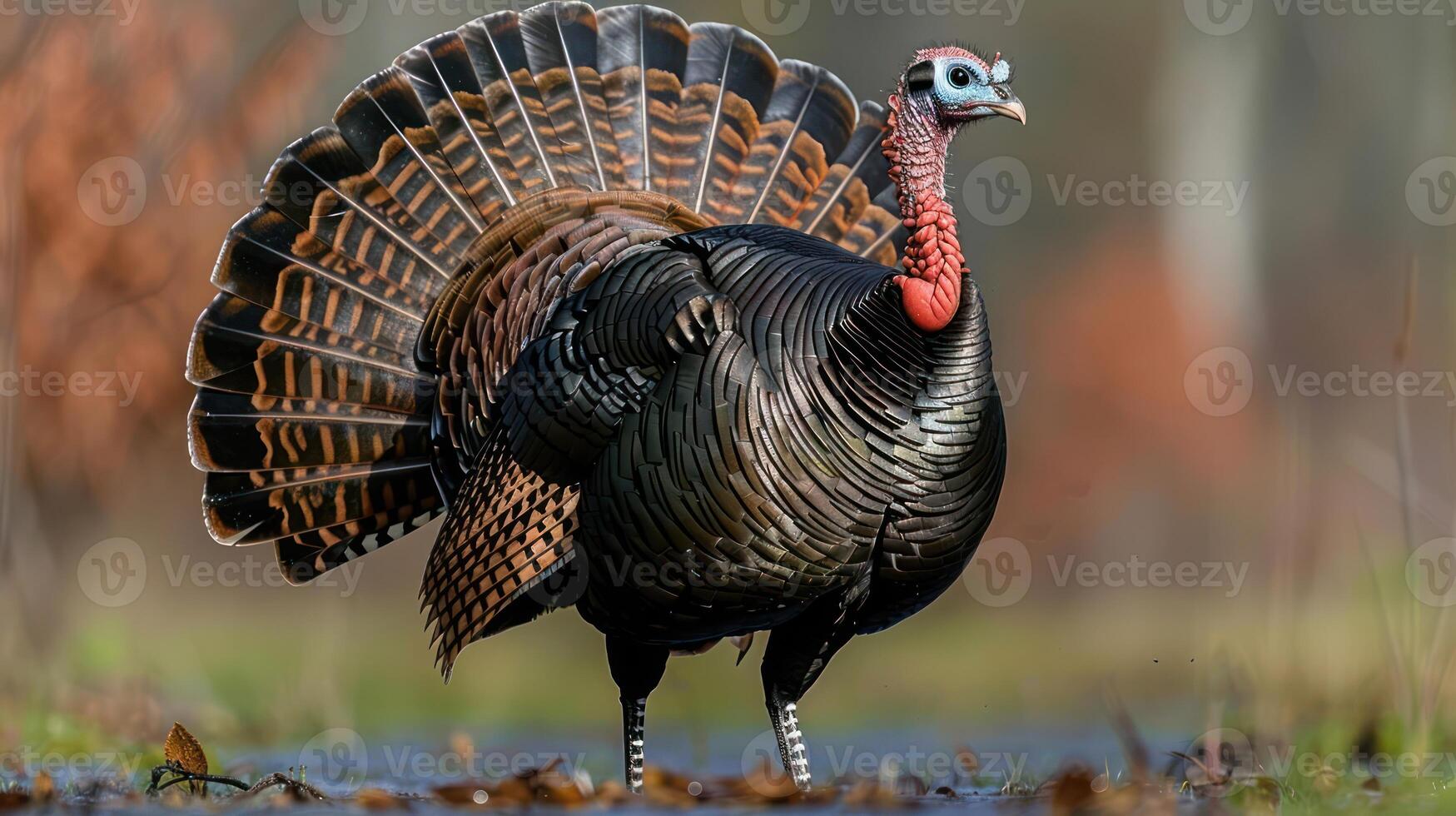 Majestic wild turkey displaying its vibrant plumage in a serene autumn landscape setting photo