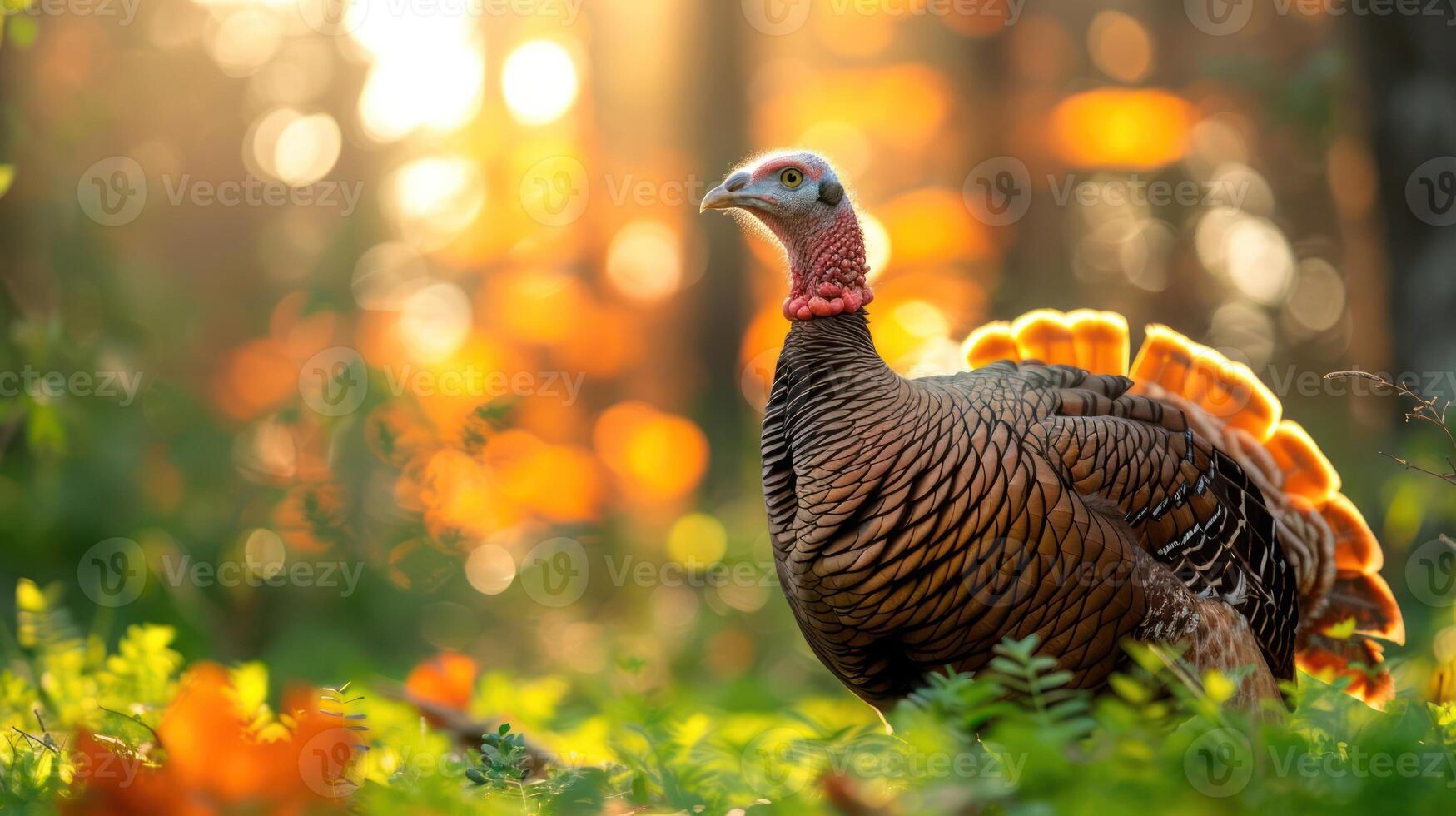A majestic wild turkey stands proudly among vibrant autumn foliage in a serene woodland setting photo