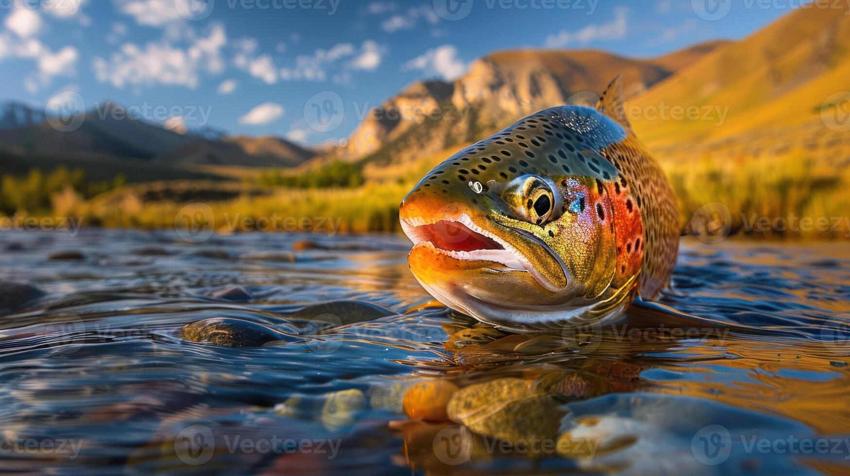 Colorful trout emerging from a clear river in a picturesque mountain landscape at sunset photo
