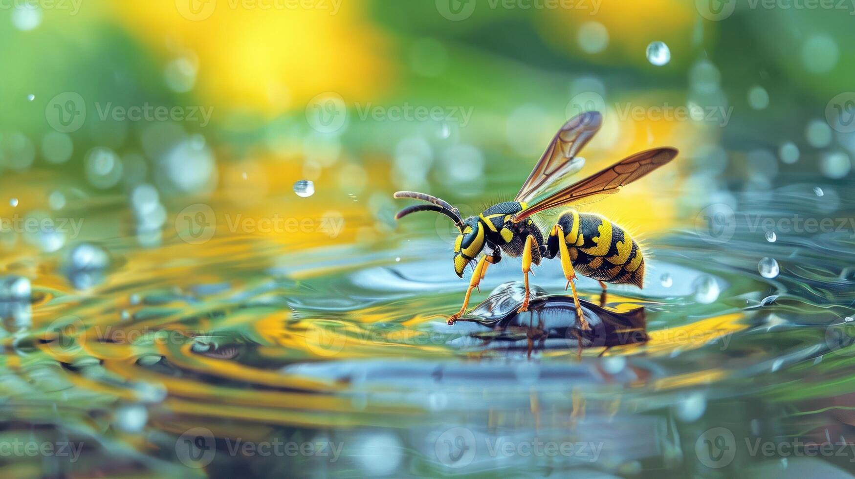Close-up of a wasp perched on a rock in a rain-soaked environment with vibrant flowers in the background photo