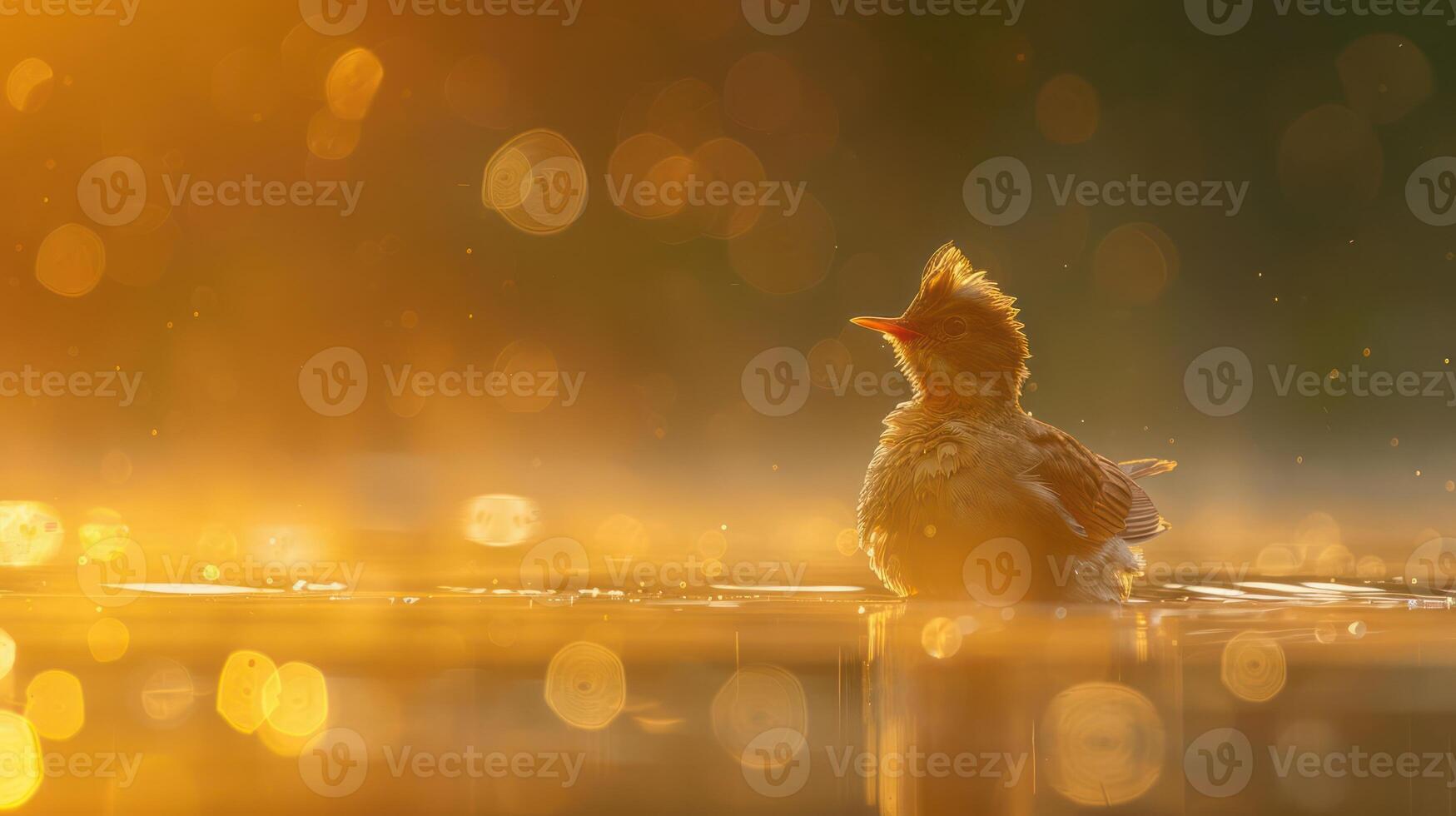 Serene bird perched on water surface at sunrise, surrounded by shimmering golden reflections photo