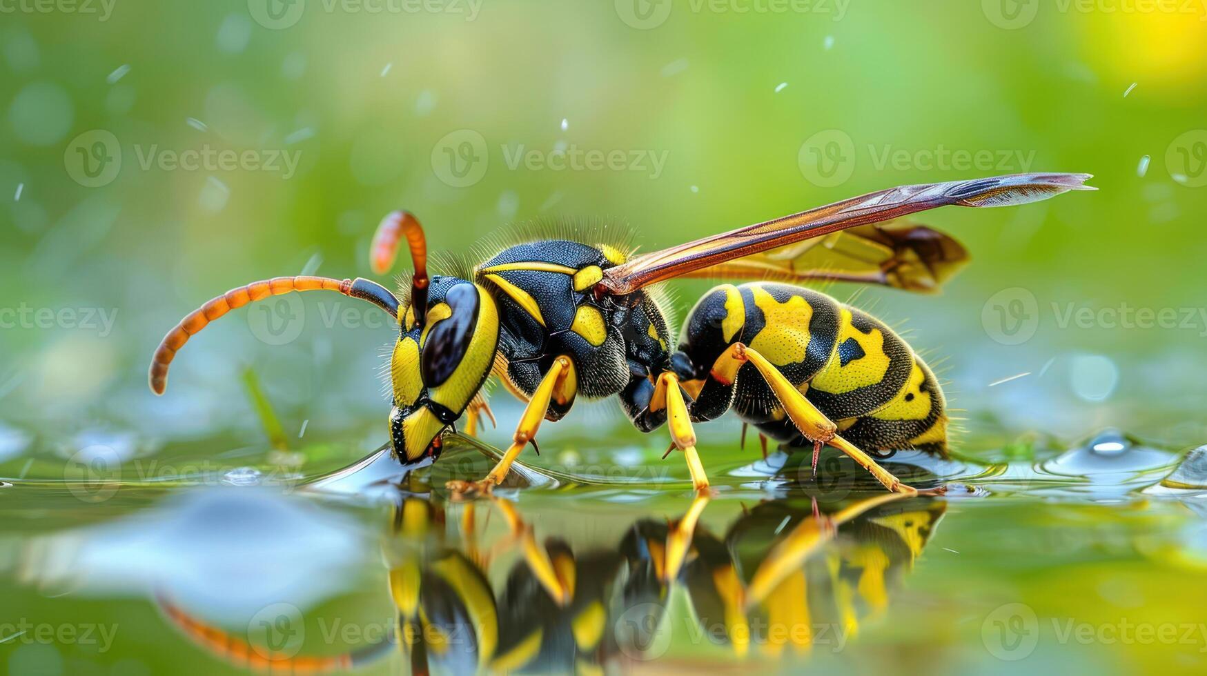 Close-up of a vibrant yellow and black wasp drinking from a water surface, with blurred green background photo
