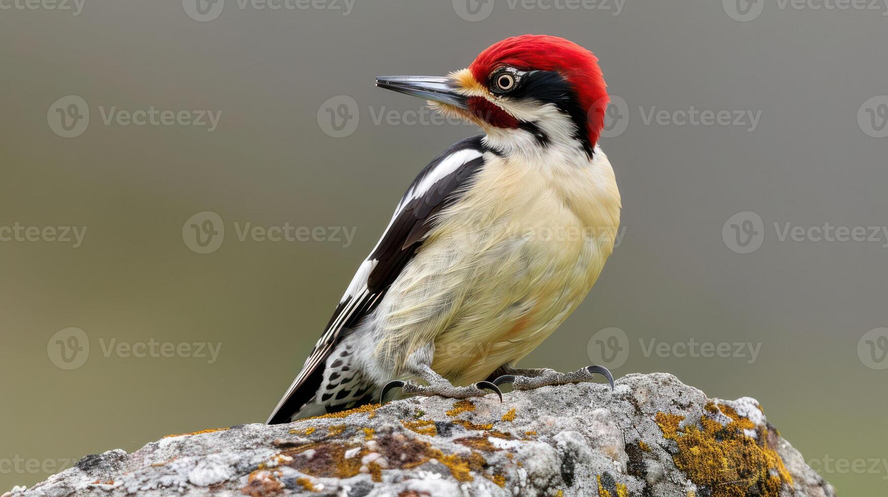 Colorful woodpecker perched on a mossy rock in a serene natural setting with blurred background photo