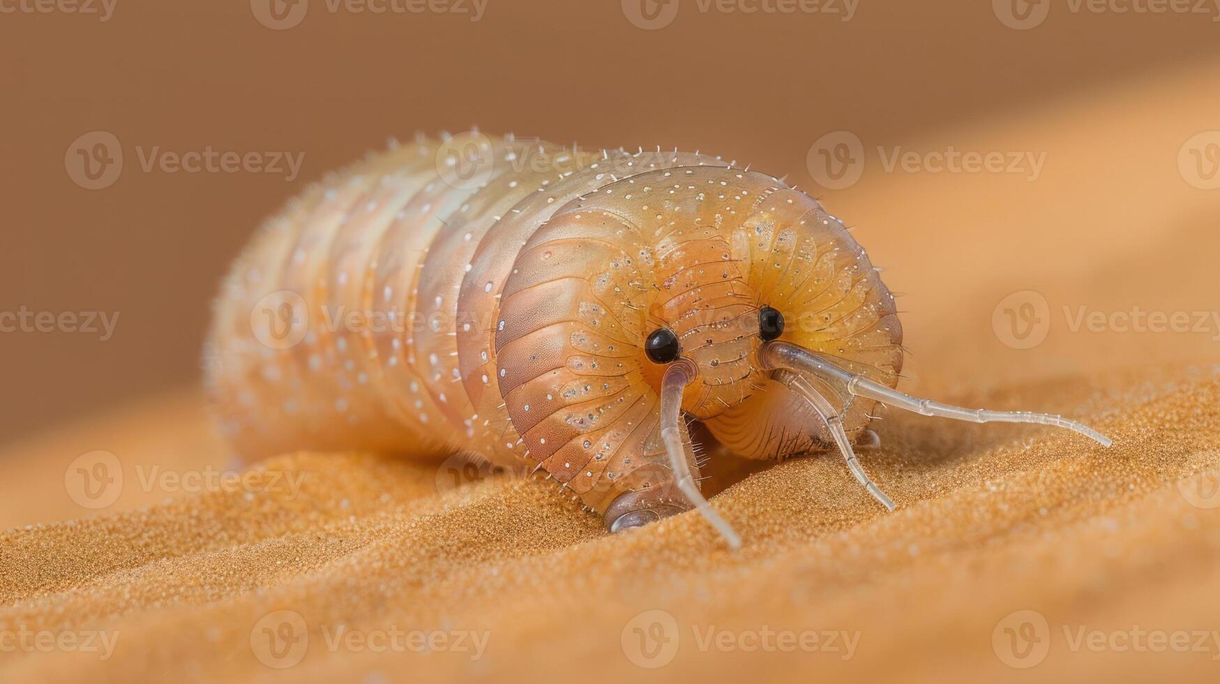 Close-up of a unique, colorful insect crawling on sandy terrain with a blurred background photo