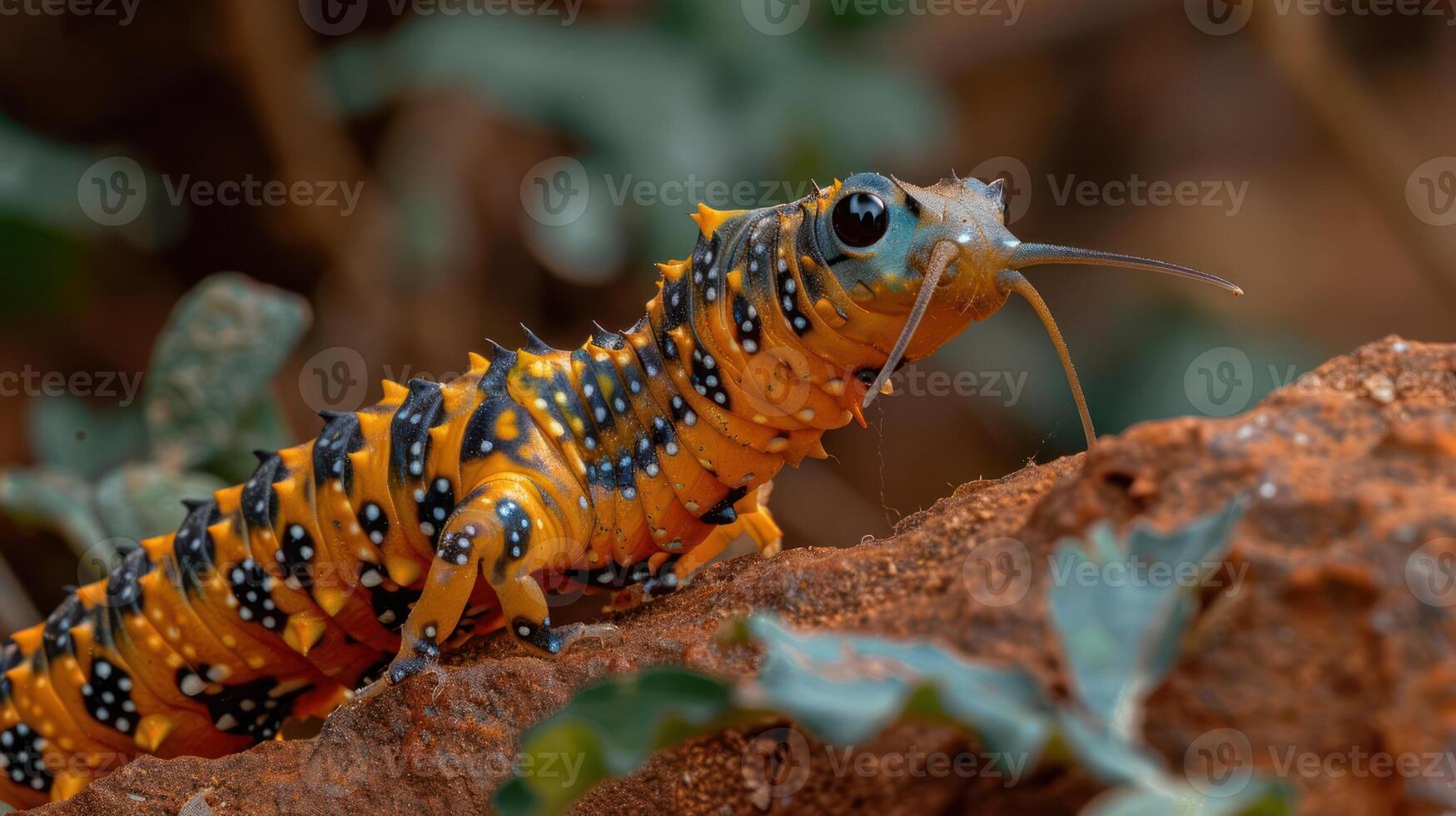 Vibrant close-up of a striking orange and black caterpillar on a rocky surface amidst greenery photo