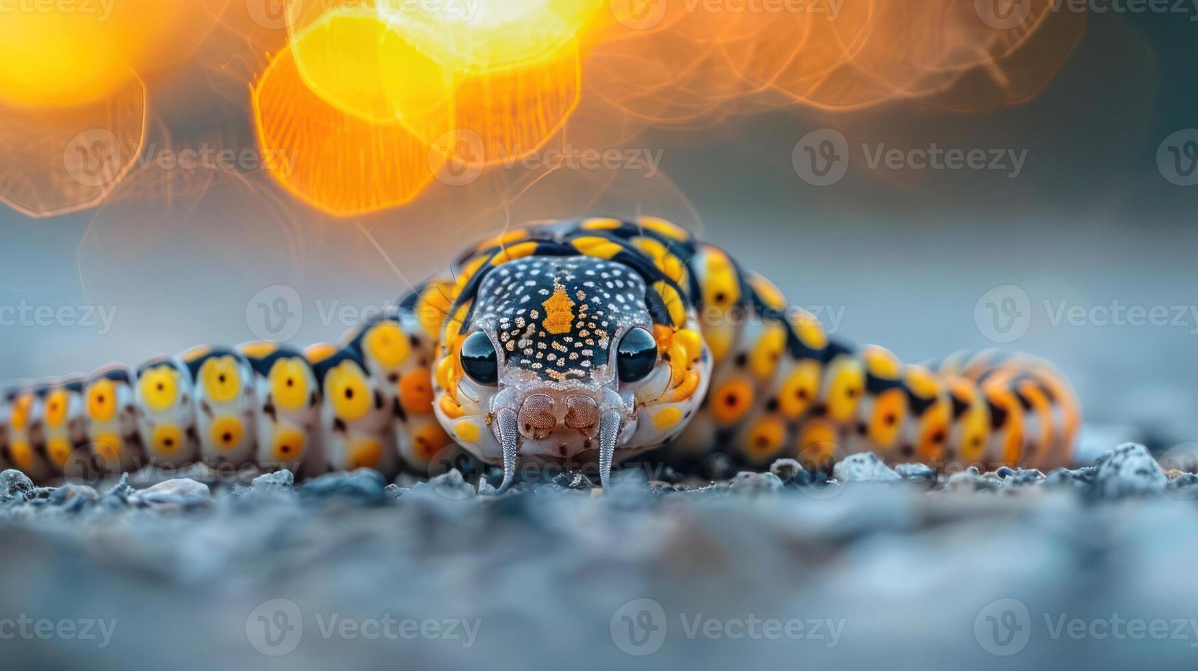 Close-up of a vibrant, colorful snake slithering on a gravel surface with blurred sunset bokeh photo