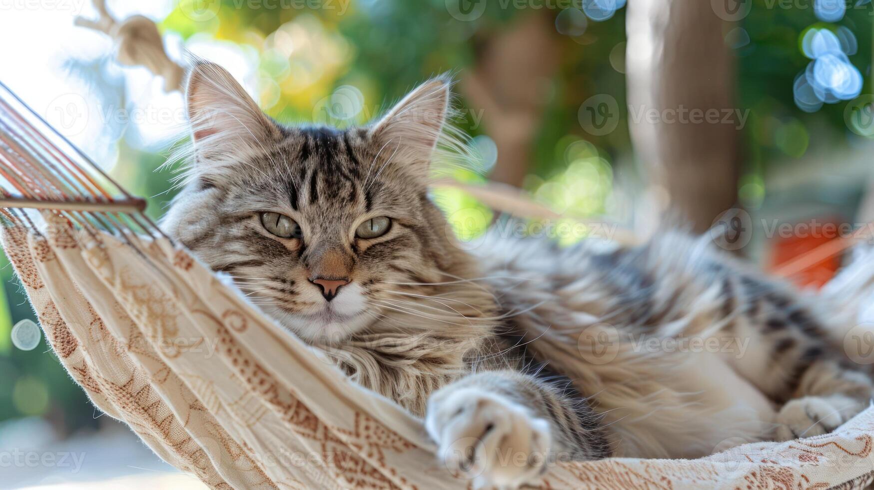 A relaxed cat lounging on a hammock in a sunny garden, surrounded by greenery and tranquility photo