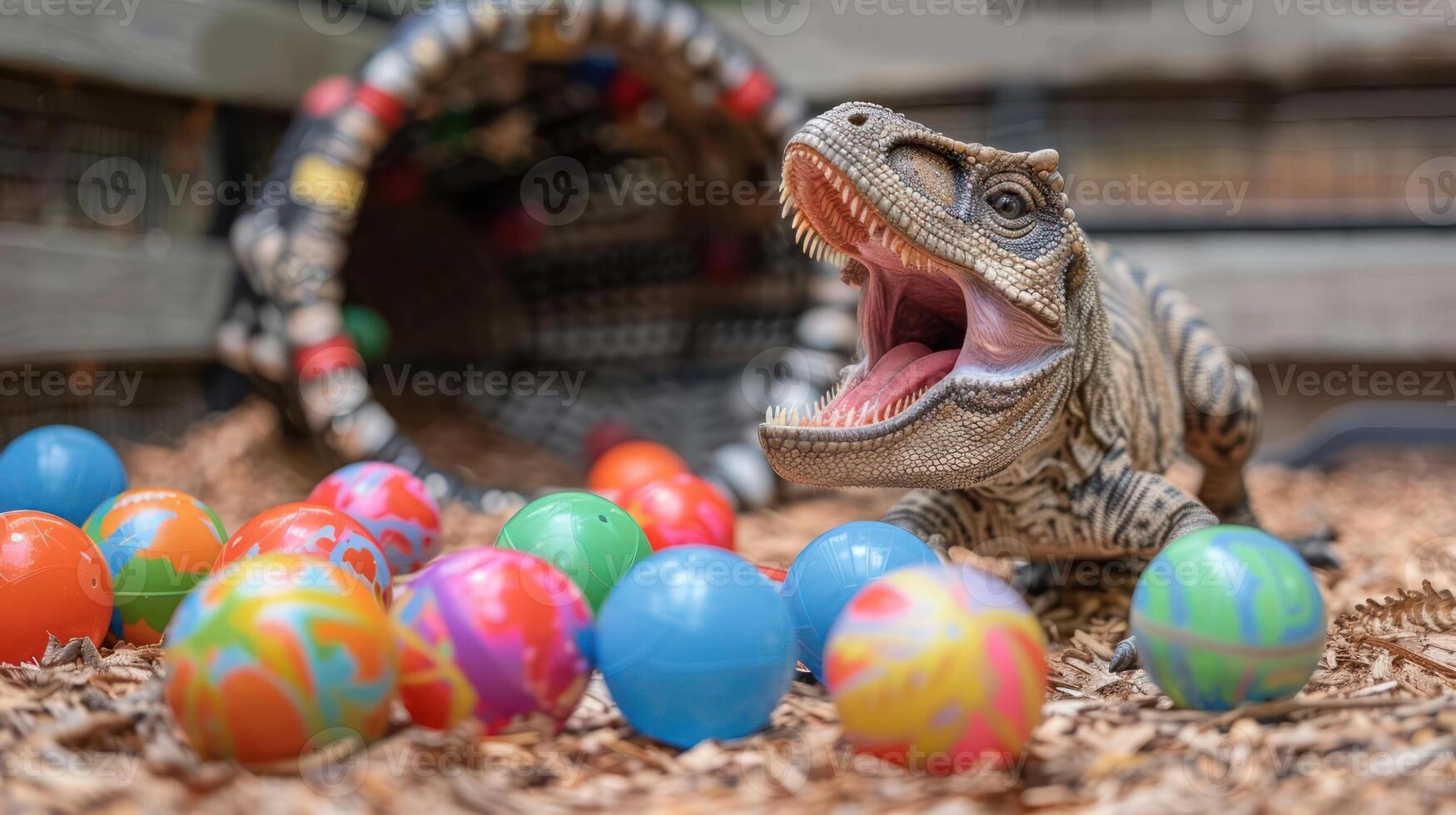 Toy dinosaur roaring among colorful plastic eggs in a playful setting with a basket in background photo
