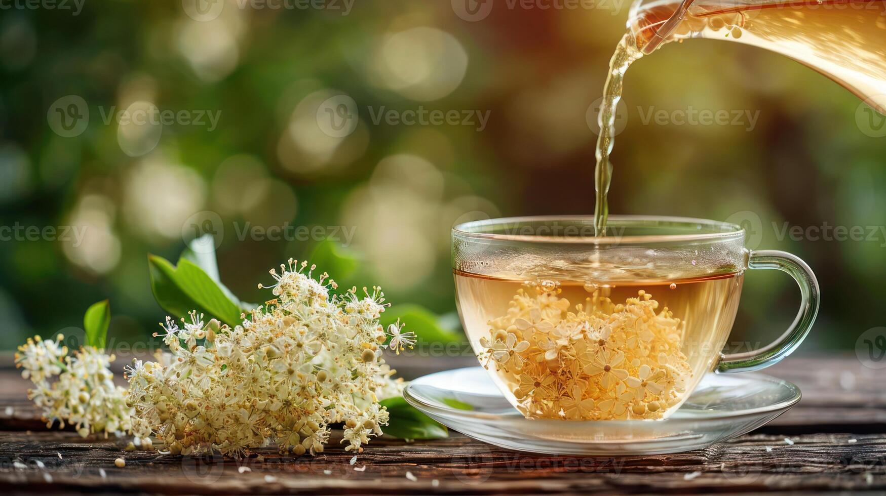 A serene scene of herbal tea being poured into a glass cup, surrounded by fresh flowers and greenery photo