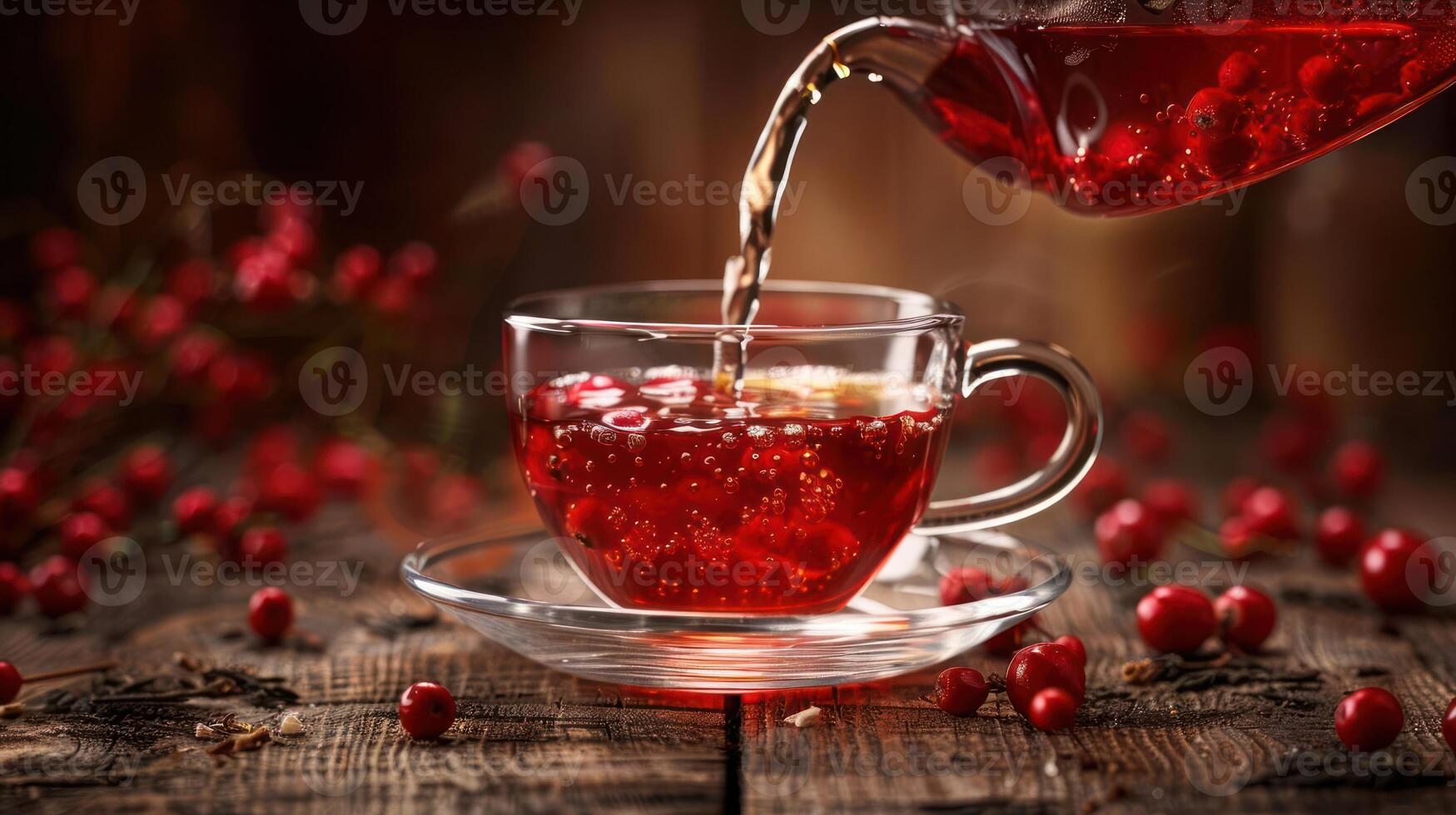 A steaming cup of red tea being poured from a glass teapot, surrounded by fresh berries on a rustic wooden table photo