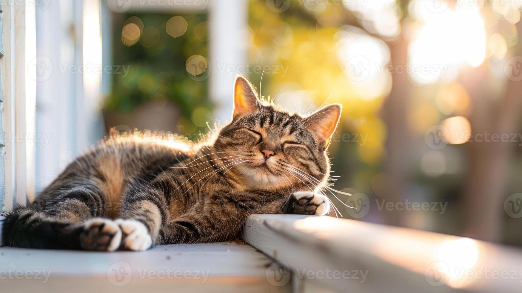 A relaxed tabby cat lounging peacefully on a sunny porch with bokeh background photo