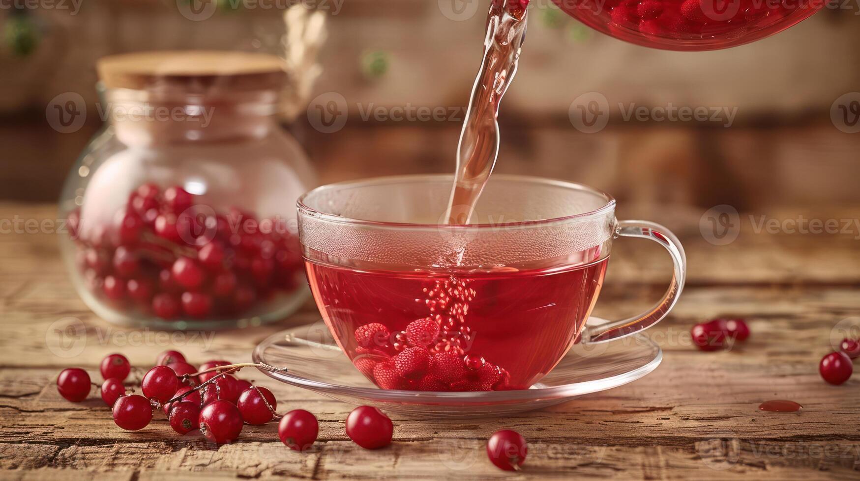 Pouring vibrant red berry tea into a clear cup, surrounded by fresh berries and rustic wooden table photo